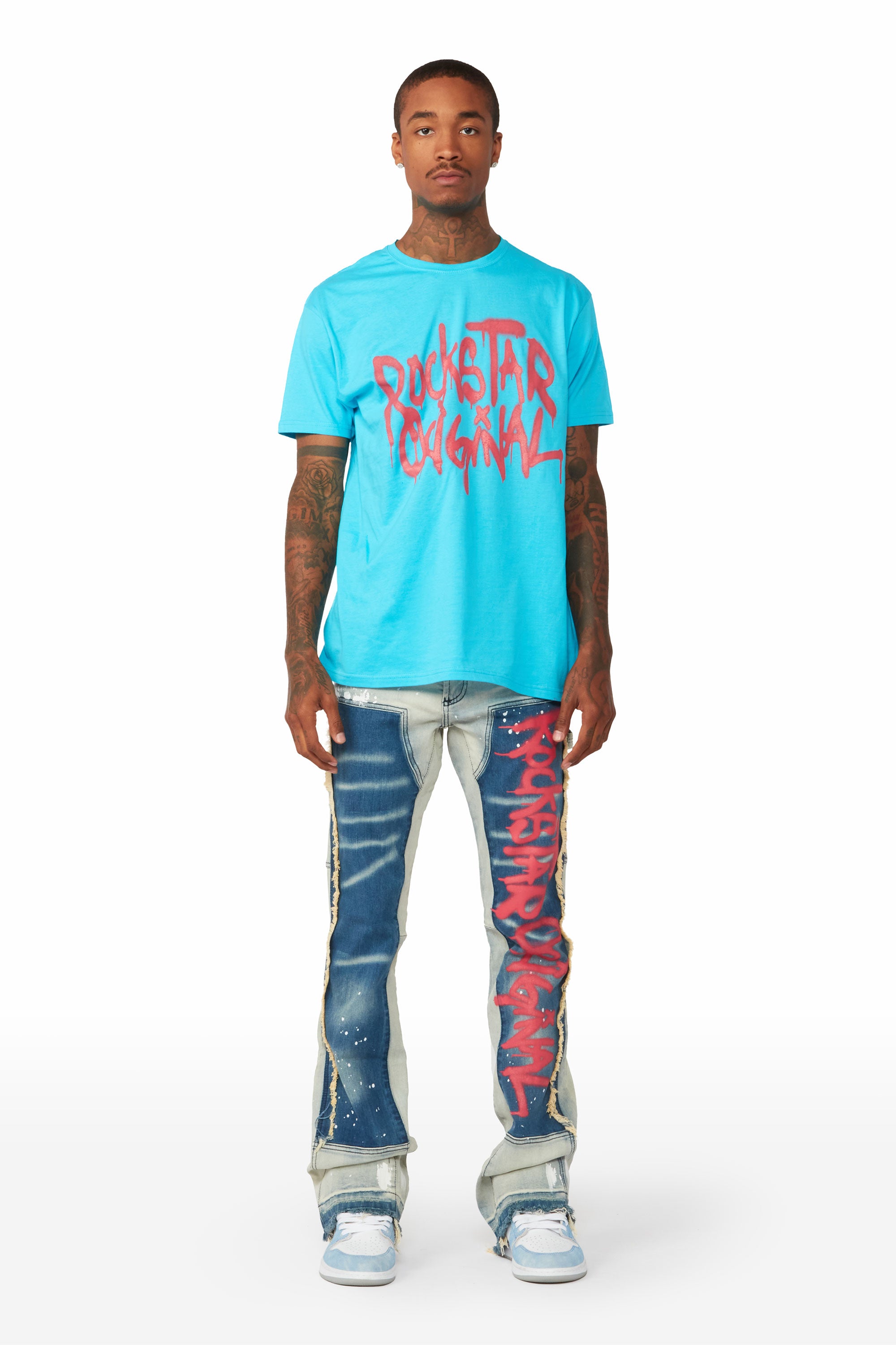 Nytron Blue Graphic Stacked Flare Jean