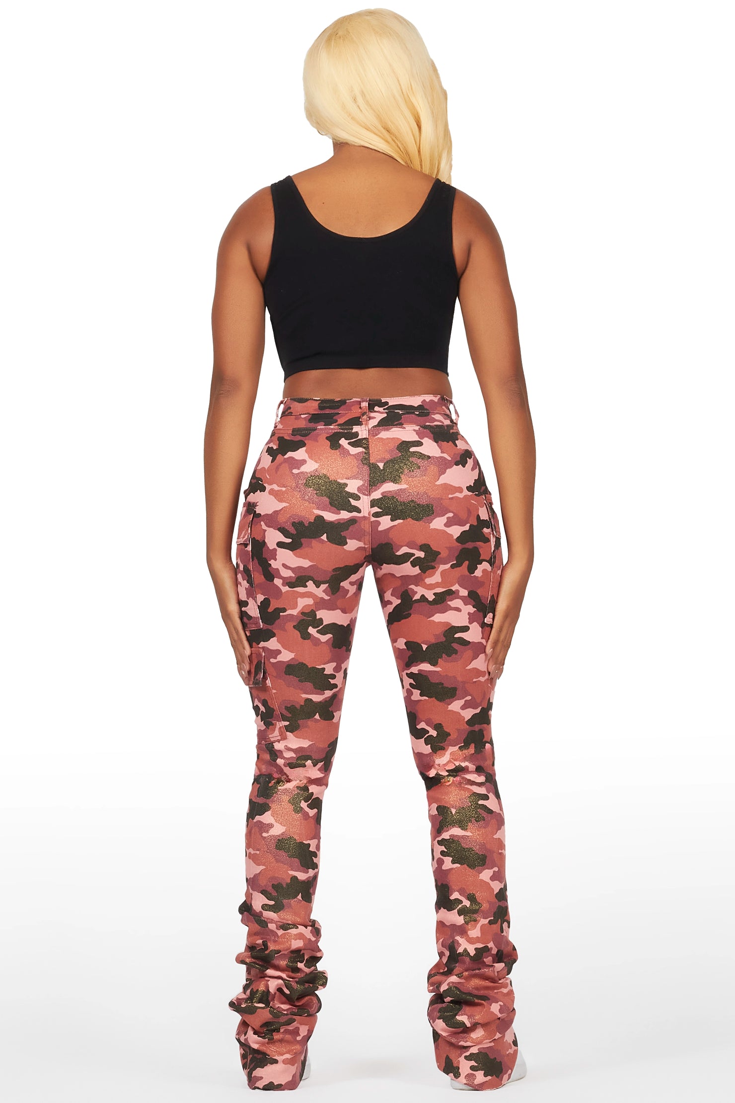 Alaysha Burgundy Camo Cargo Super Stacked PU Pant