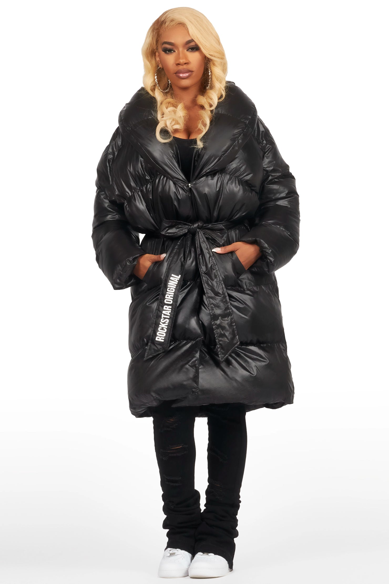 Sehrazat Black Long Wrap Puffer Jacket