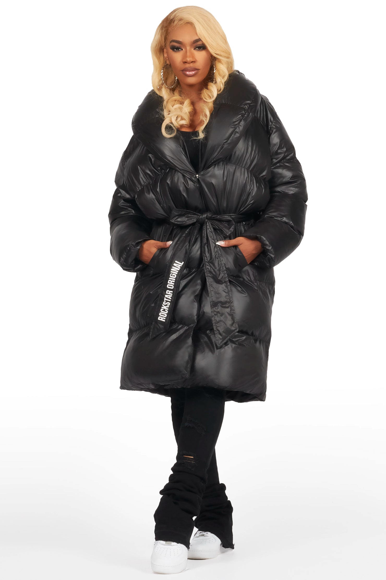 Sehrazat Black Long Wrap Puffer Jacket