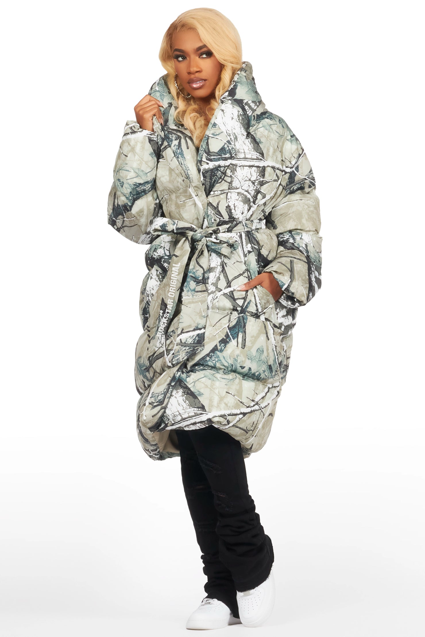 Sehrazat Tree Camo Long Wrap Puffer Jacket