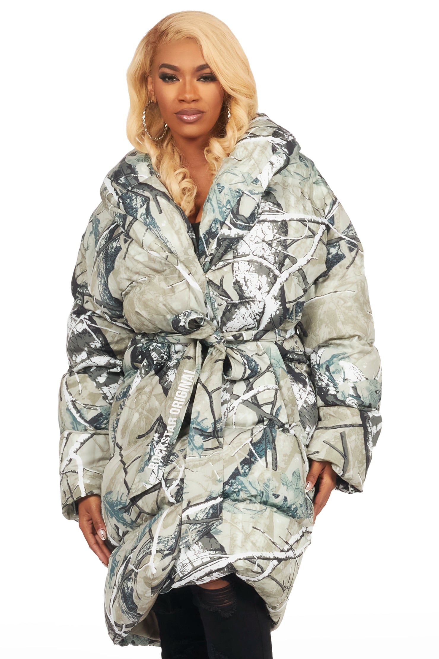 Sehrazat Tree Camo Long Wrap Puffer Jacket