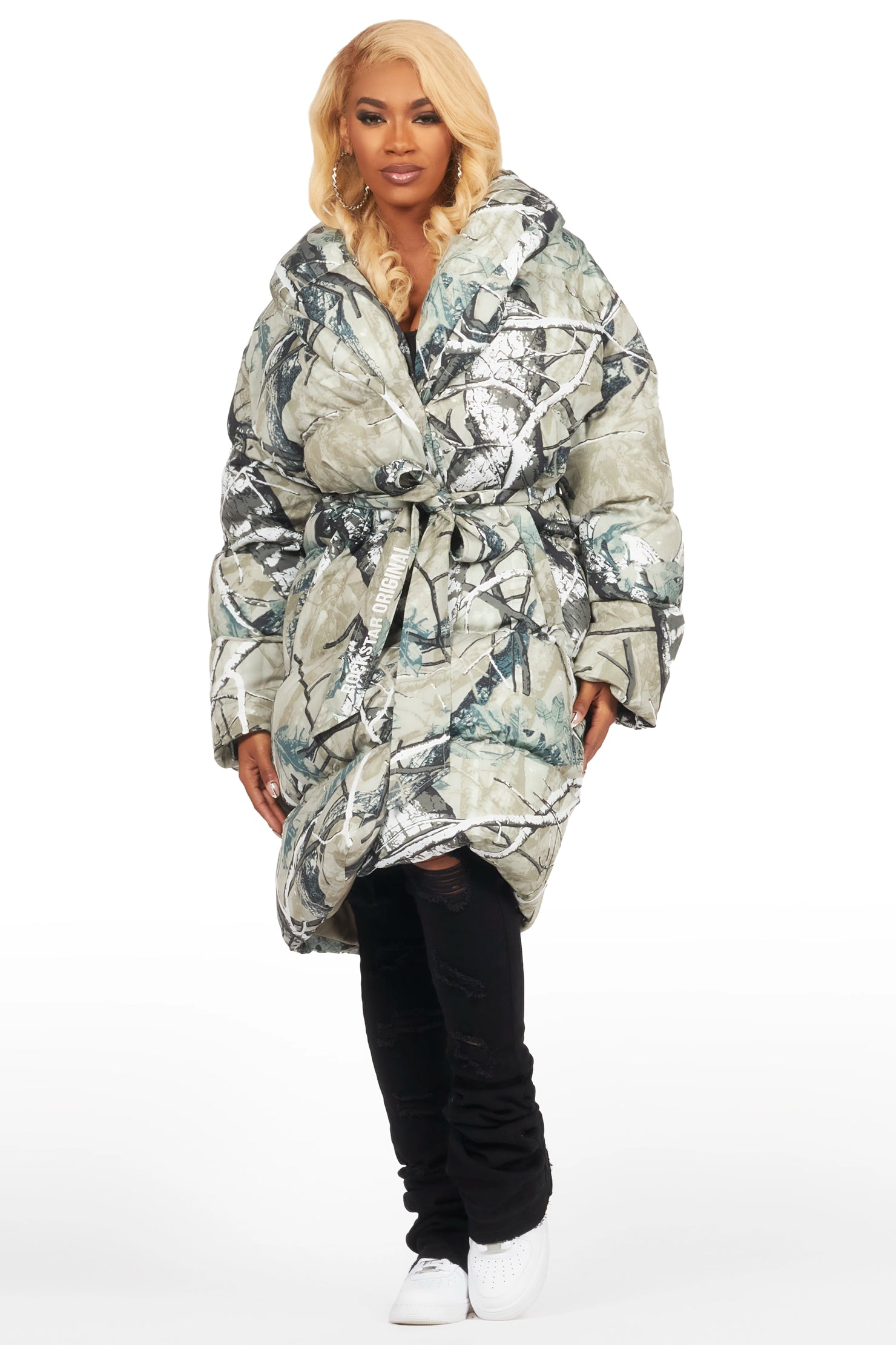Sehrazat Tree Camo Long Wrap Puffer Jacket