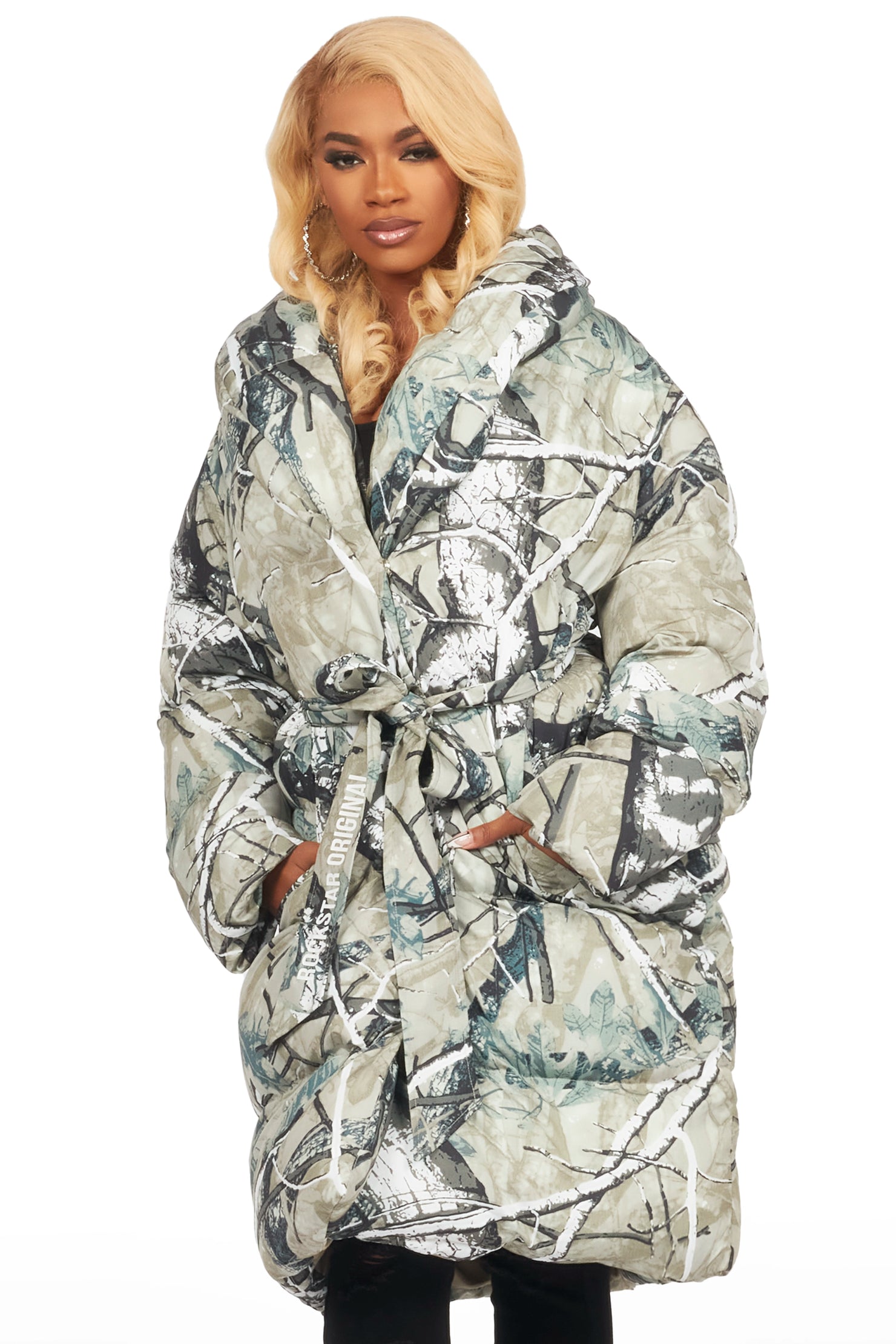 Sehrazat Tree Camo Long Wrap Puffer Jacket