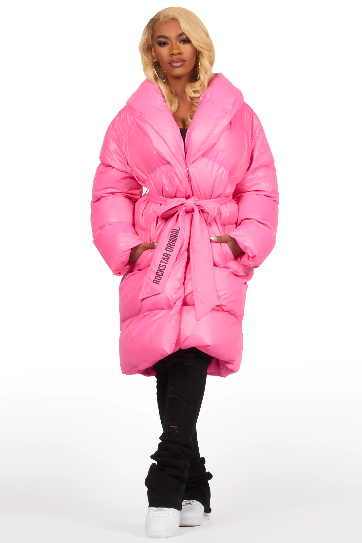 Sehrazat Hot Pink Long Wrap Puffer Jacket