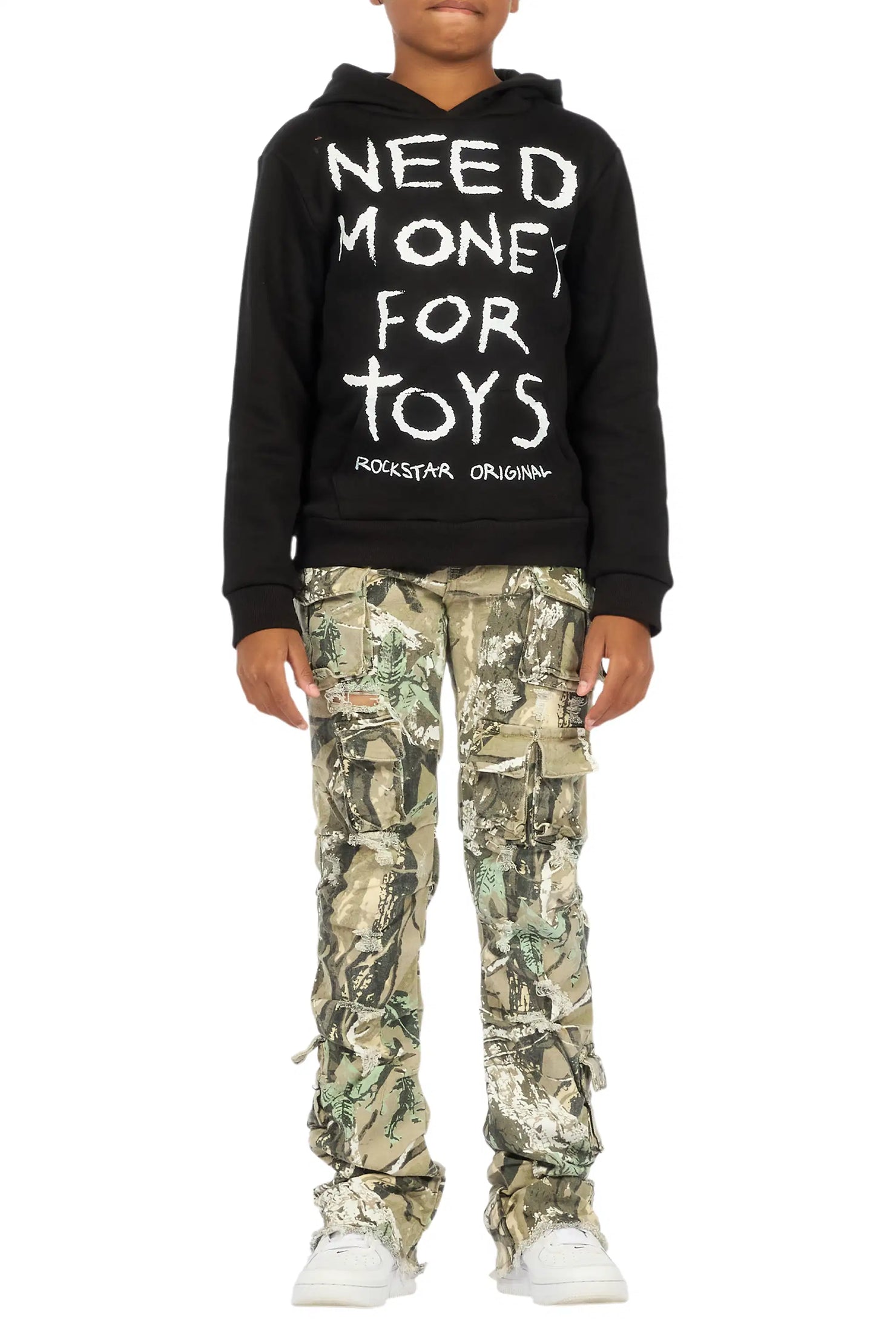 Boys M4 Toys Black/Camo Hoodie Stacked Jean Set
