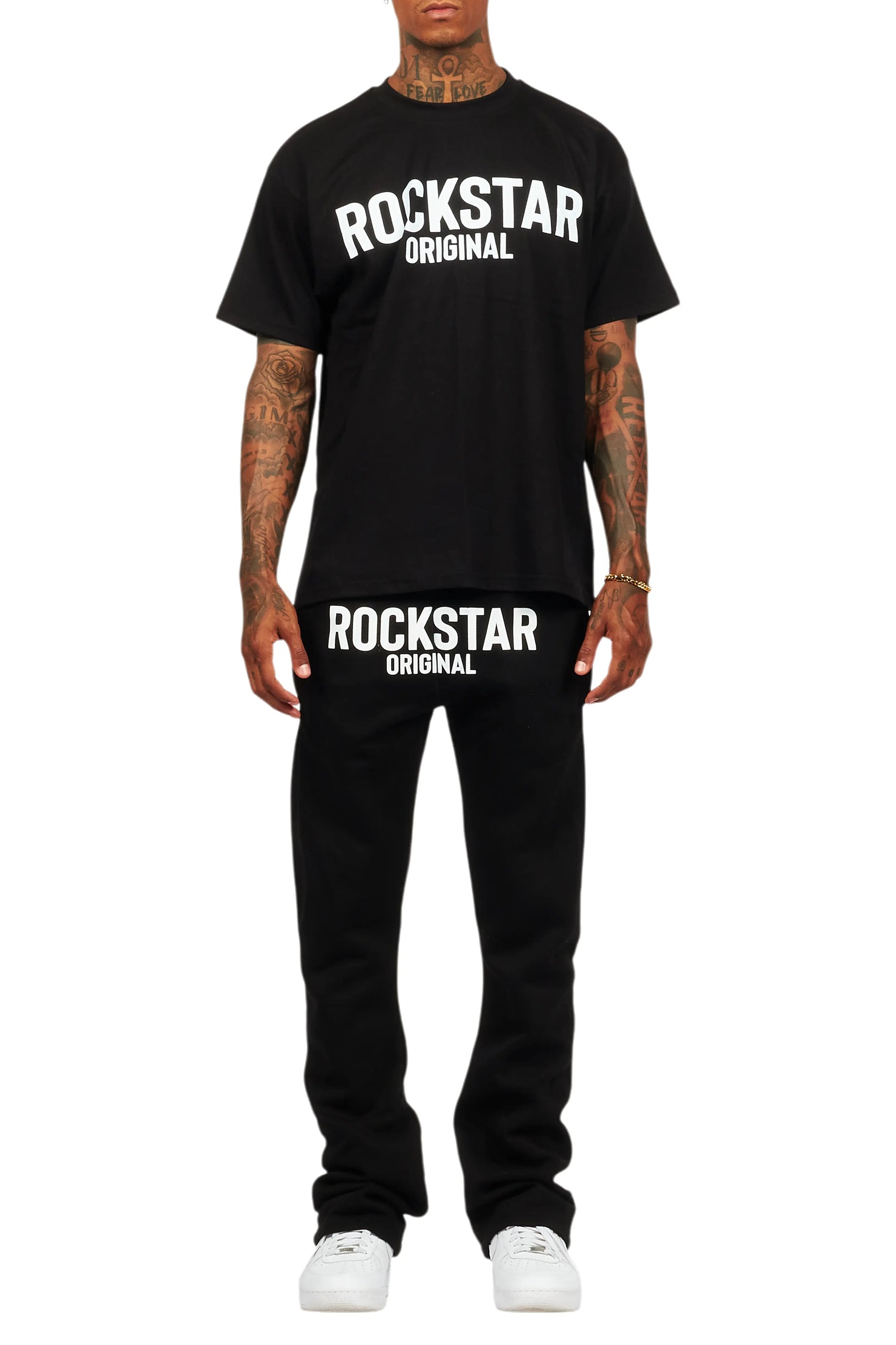 Sana Black T-Shirt/Stacked Track Pant Set