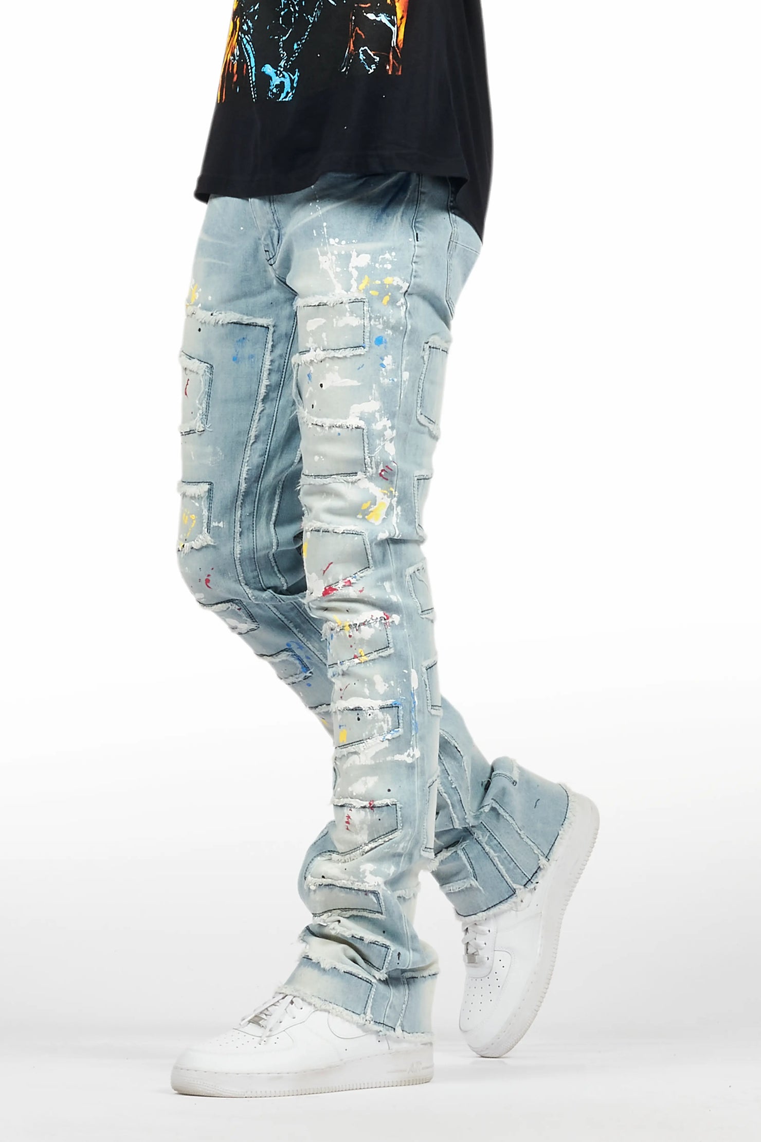 Shaddie Light Blue Painter Stacked Flare Jean