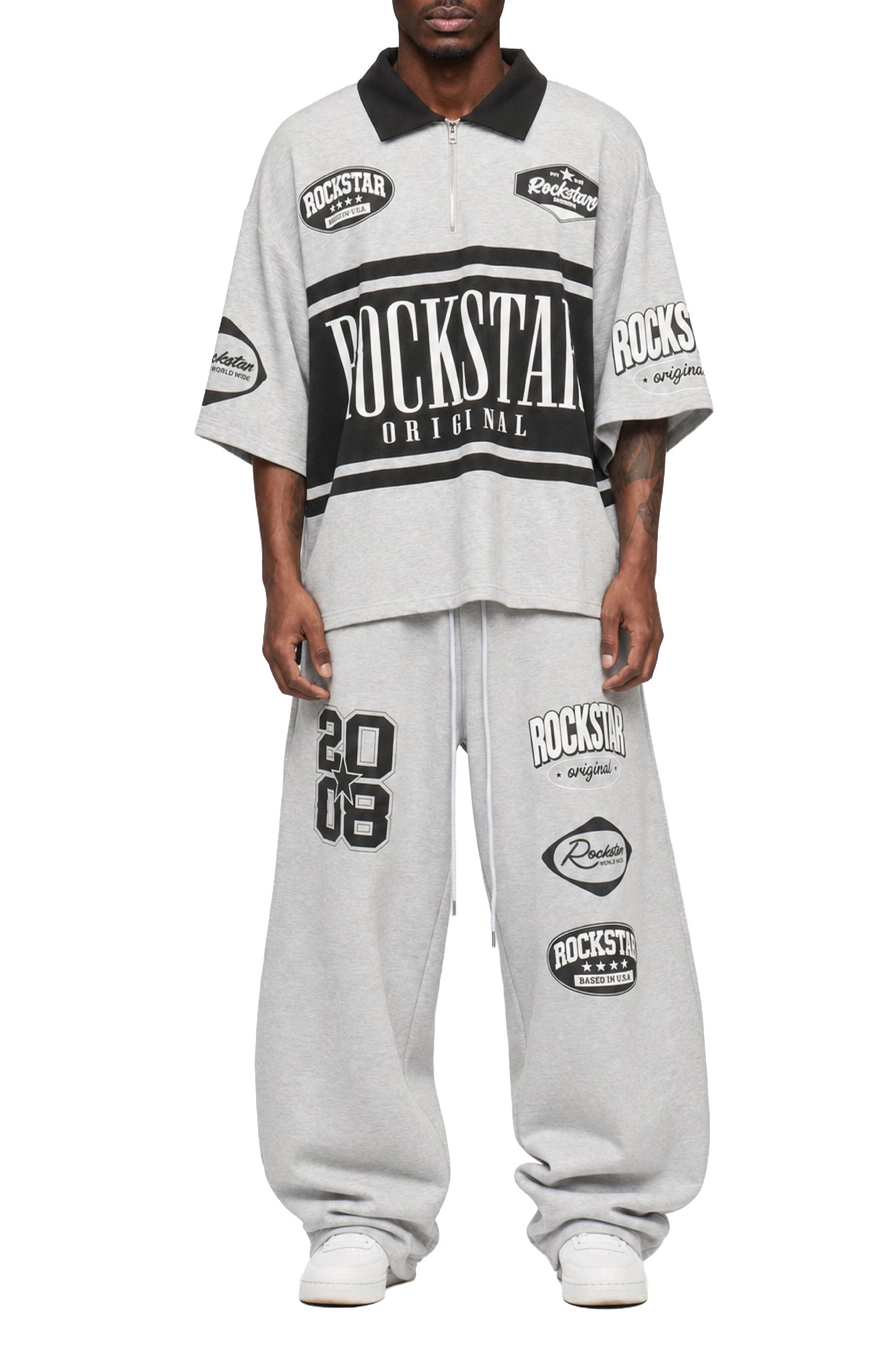 Verseny Heather Grey 1/4 Zip Crop Boxy Tee Fleece /Barrel Fit Track Set