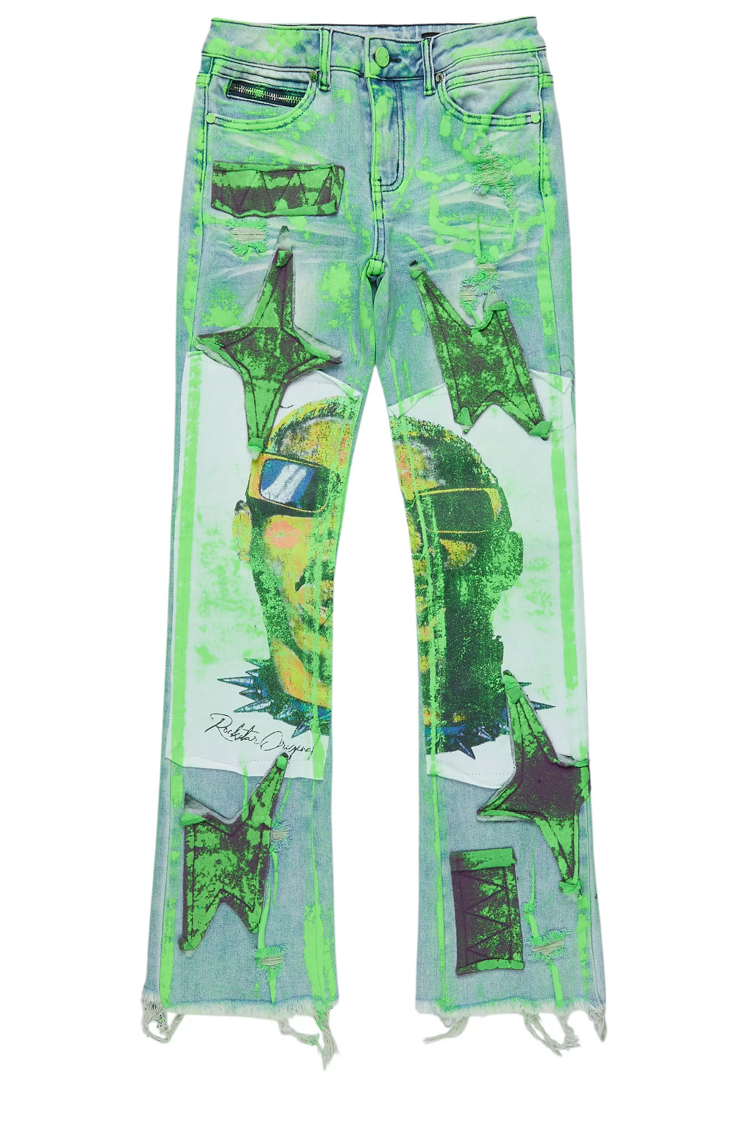 Boys Savier Blue/Green Roller Paint Stacked Flare Jean