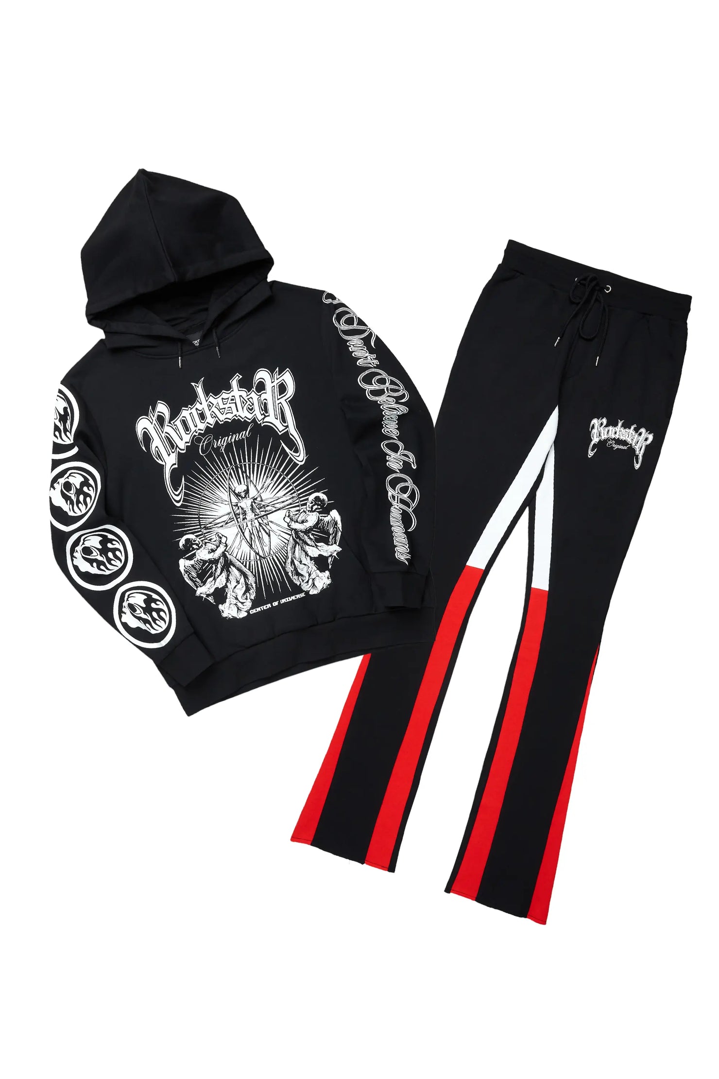 Yarden Black/Red Graphic Hoodie/Stacked Flare Pant Track Set