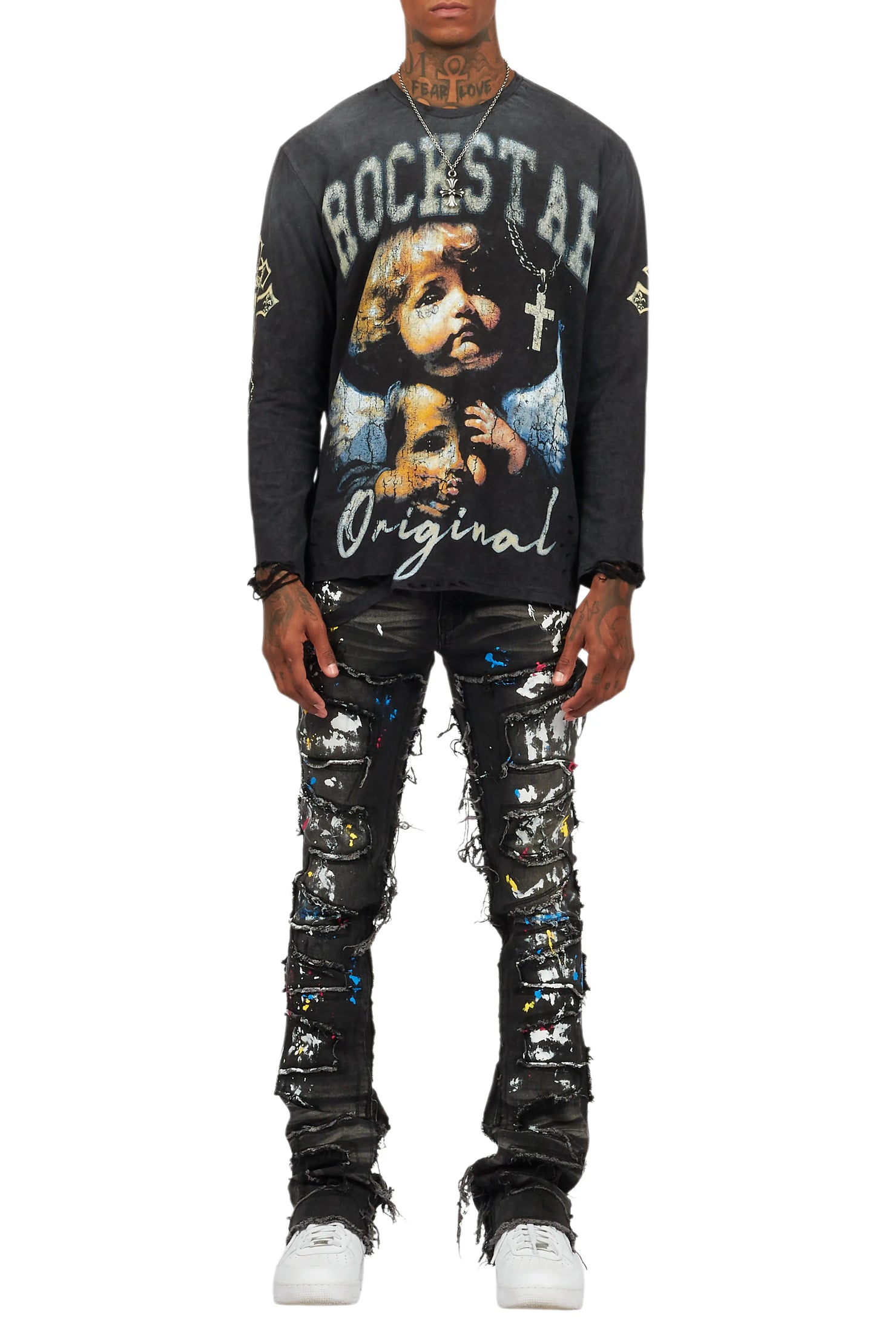 Shaddie Dark Grey Painter Stacked Flare Jean