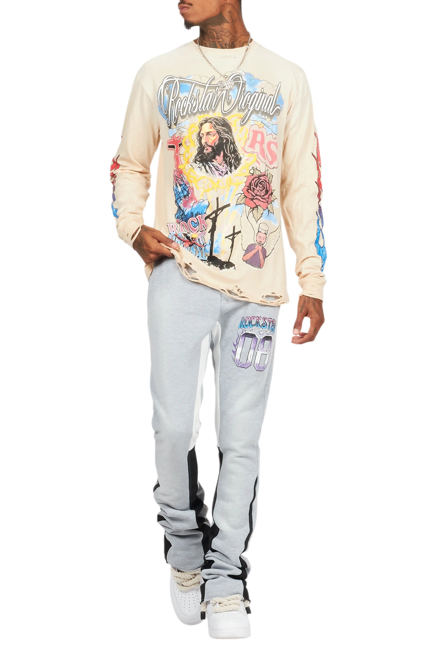 Tadashi Beige Long Sleeve Graphic T-Shirt