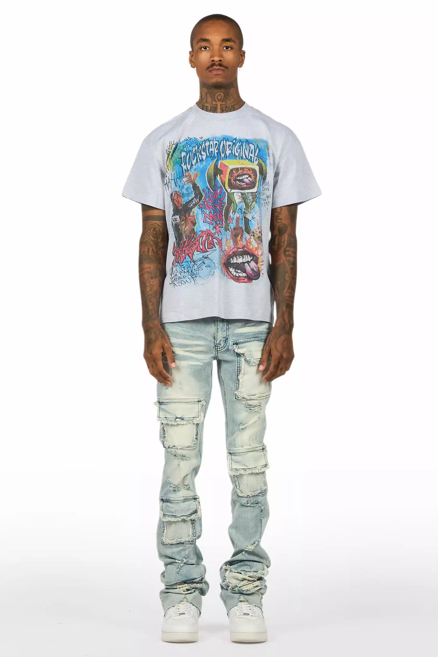 Yooz Heather Grey/Blue Oversized T-Shirt/Super Stacked Flare Jean Bundle