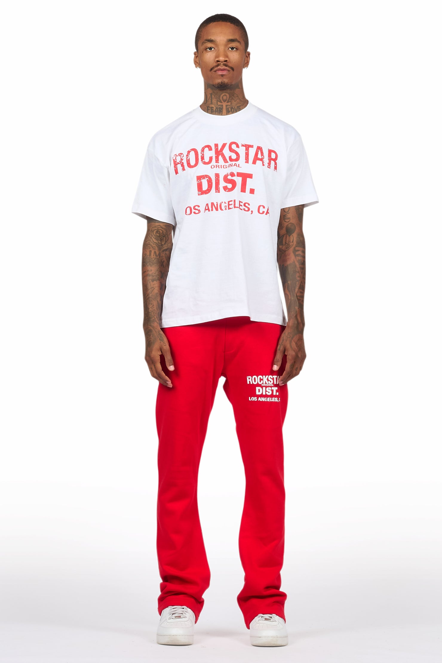 Lake White/Red Oversized T-Shirt/Stacked Track Pant Set