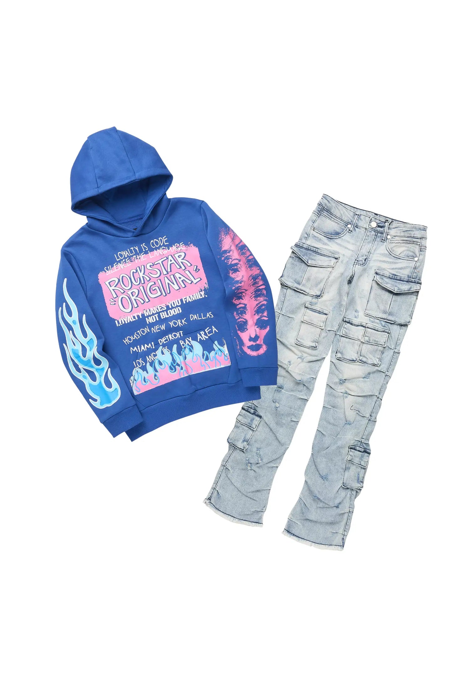 Girls Mercey Royal Hoodie & Gentry Blue Stacked Jean Set