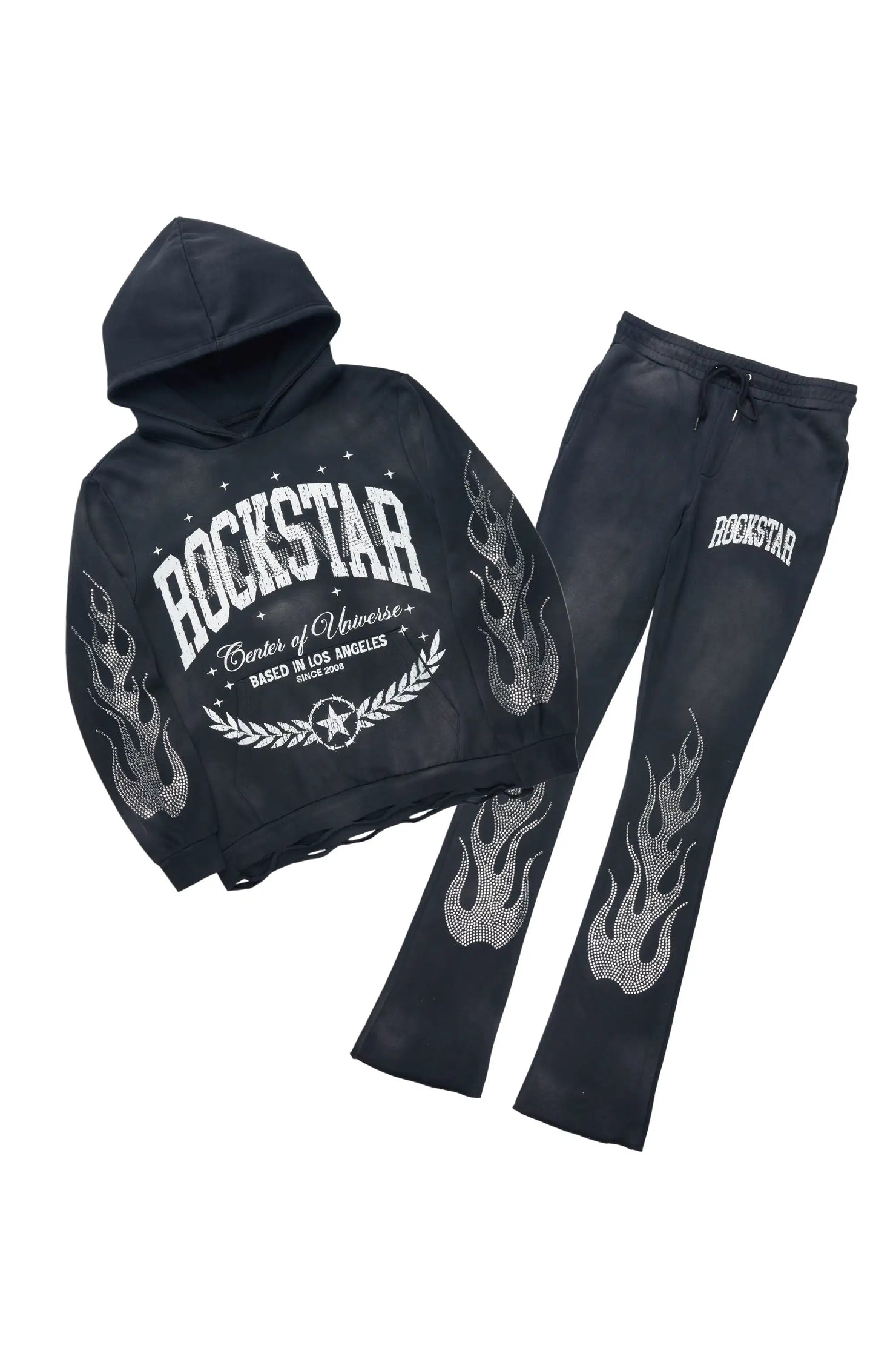 Strass Black Rhinestone Hoodie/Stacked Pant Track Set