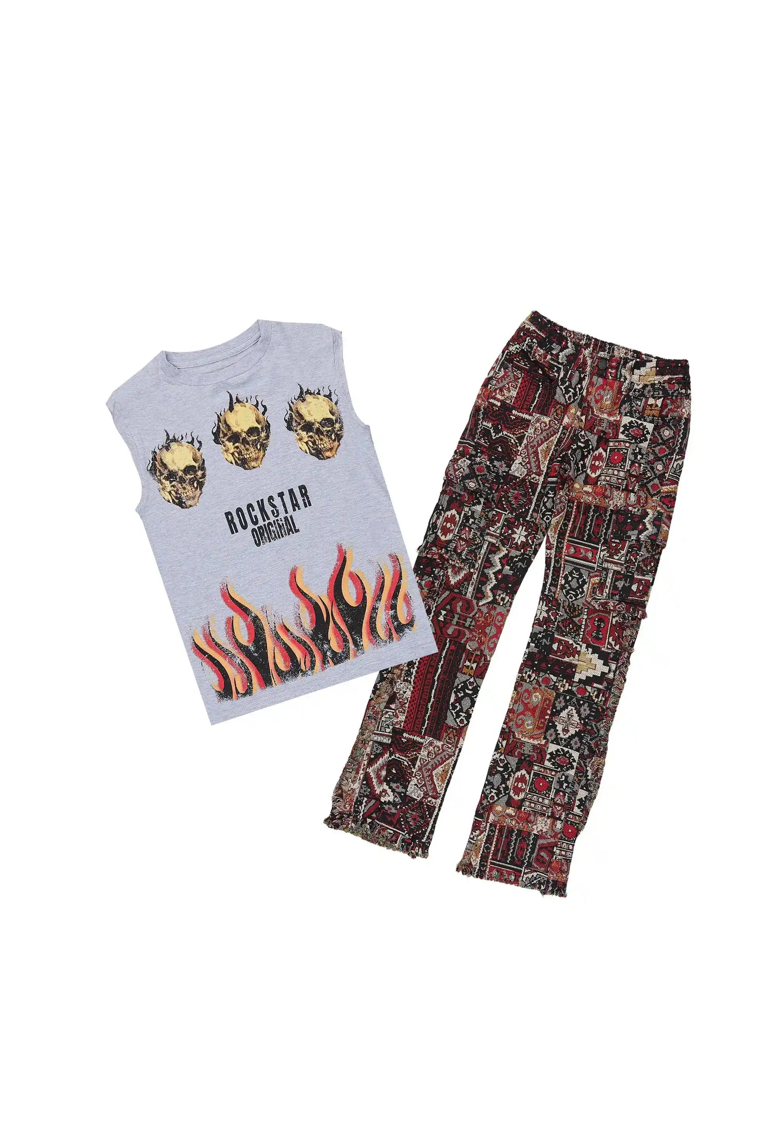 Boys Maezar Grey/Multi Cut Off Stacked Jean Set