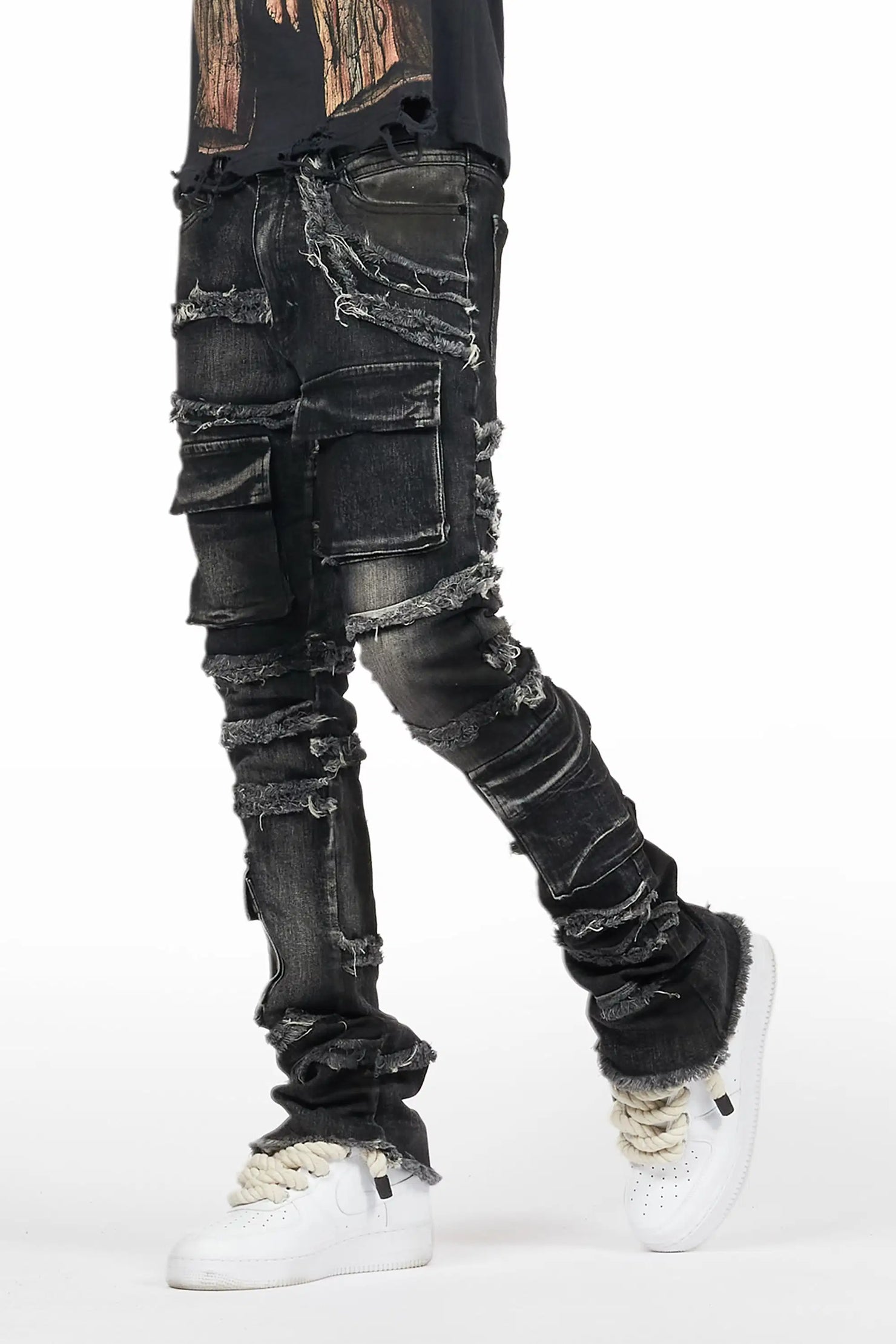 Yves Black Stacked Flare Cargo Jean