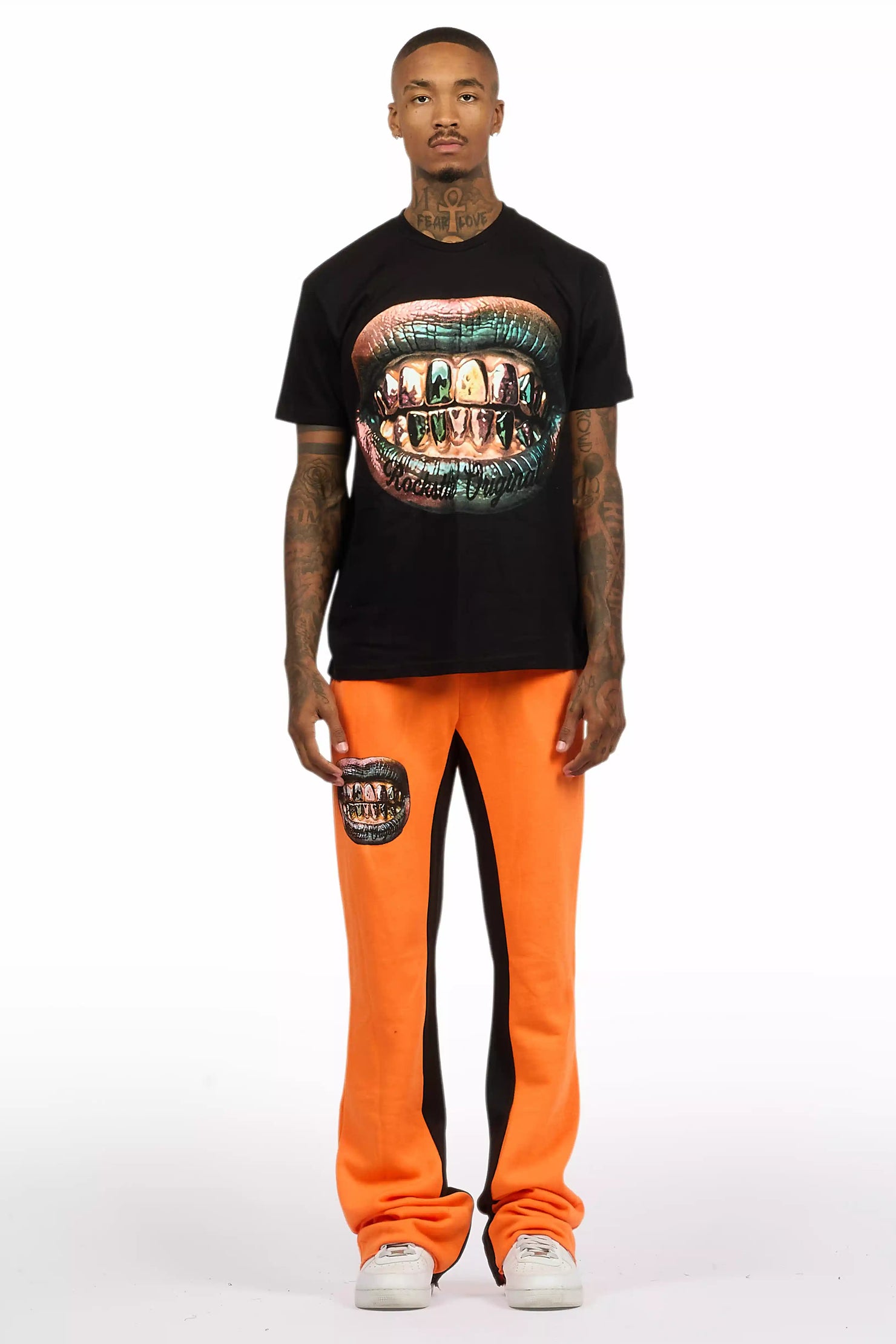 Darce Black/Orange T-Shirt/Stacked Baggy Track Pant Set