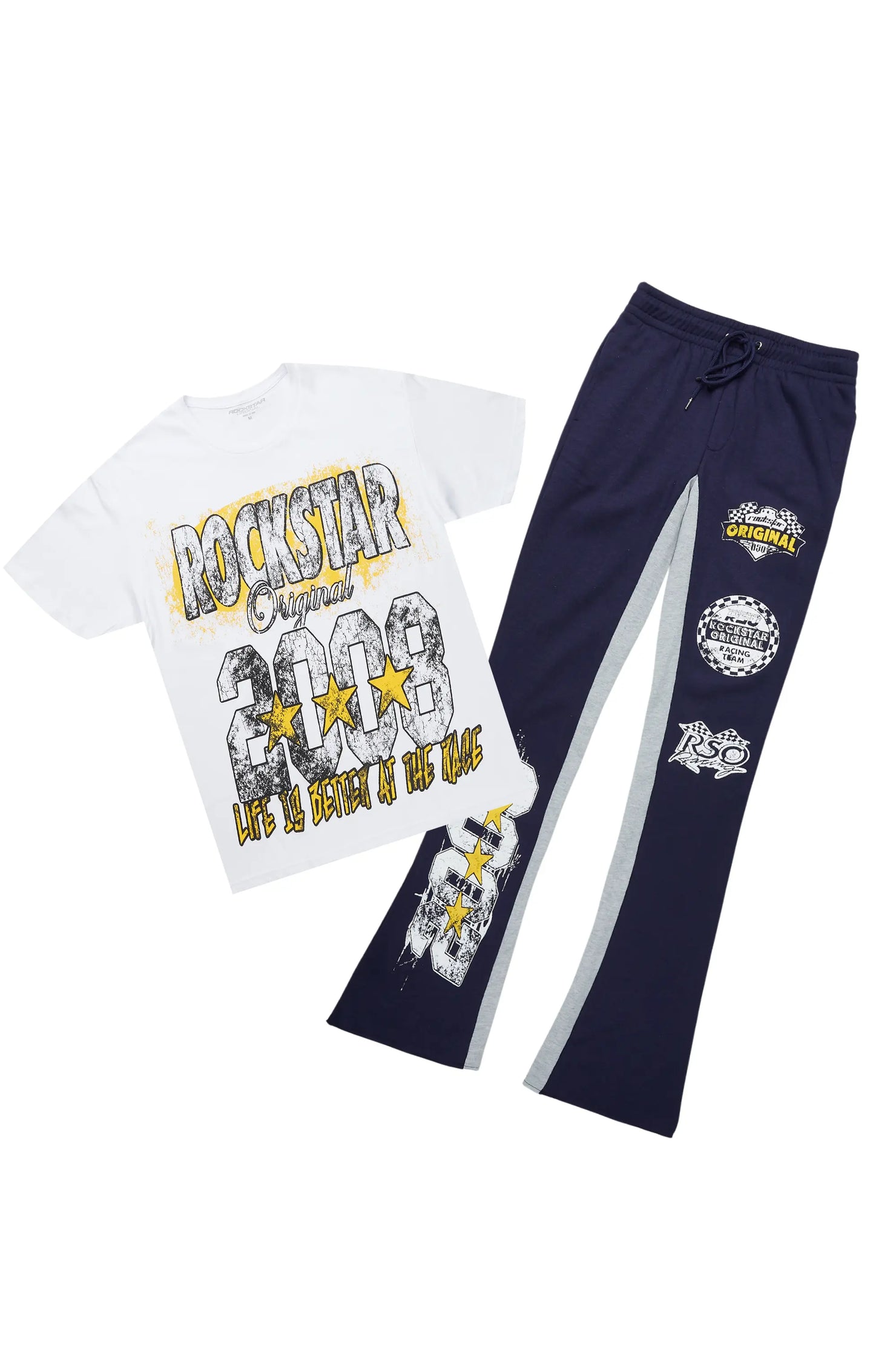 Racing Grung White/Navy T-Shirt/Stacked Baggy Track Pant Set