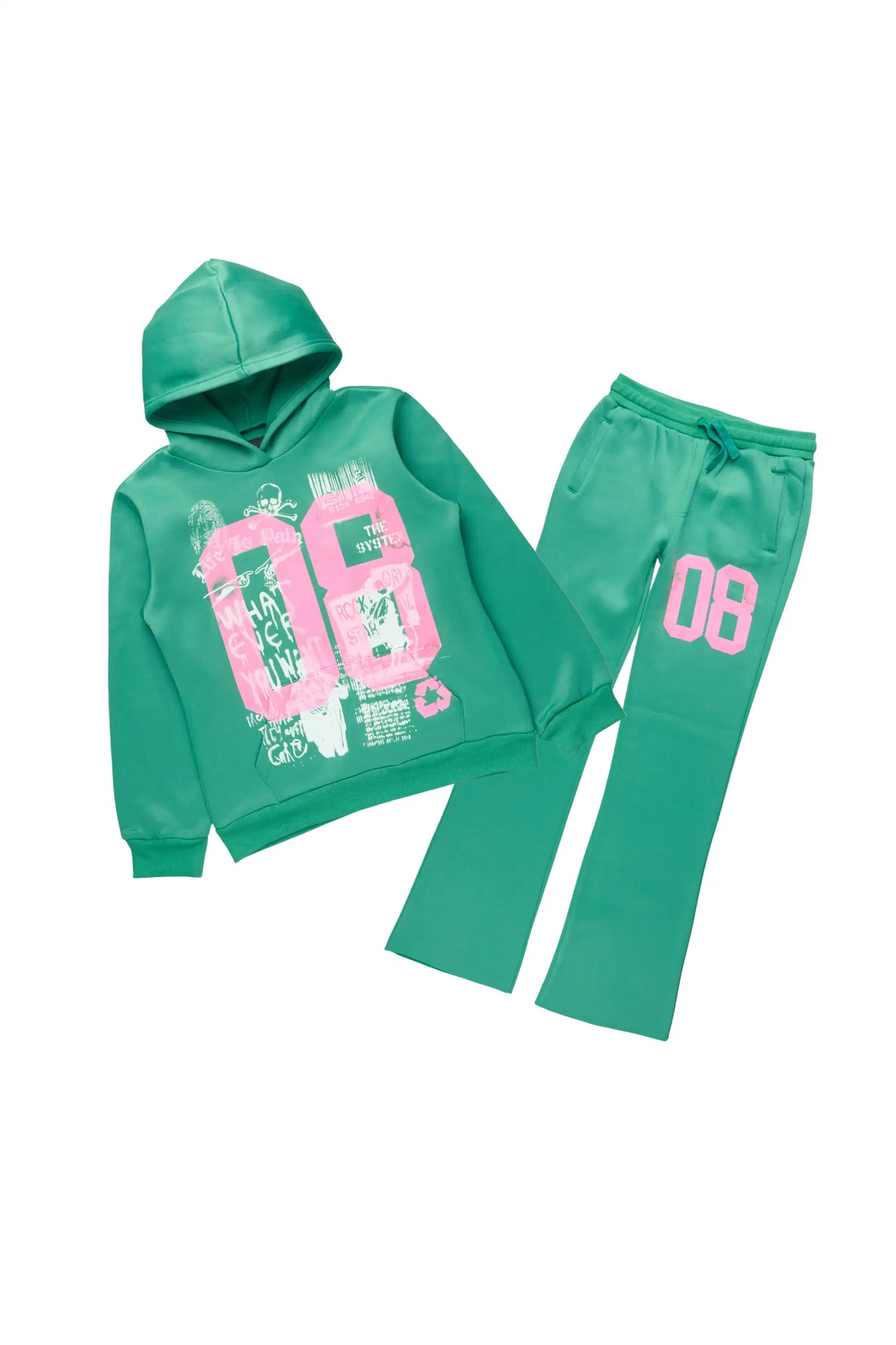 Girls Kammy 2.0 Green/Pink Hoodie/Stacked Flare Track Set