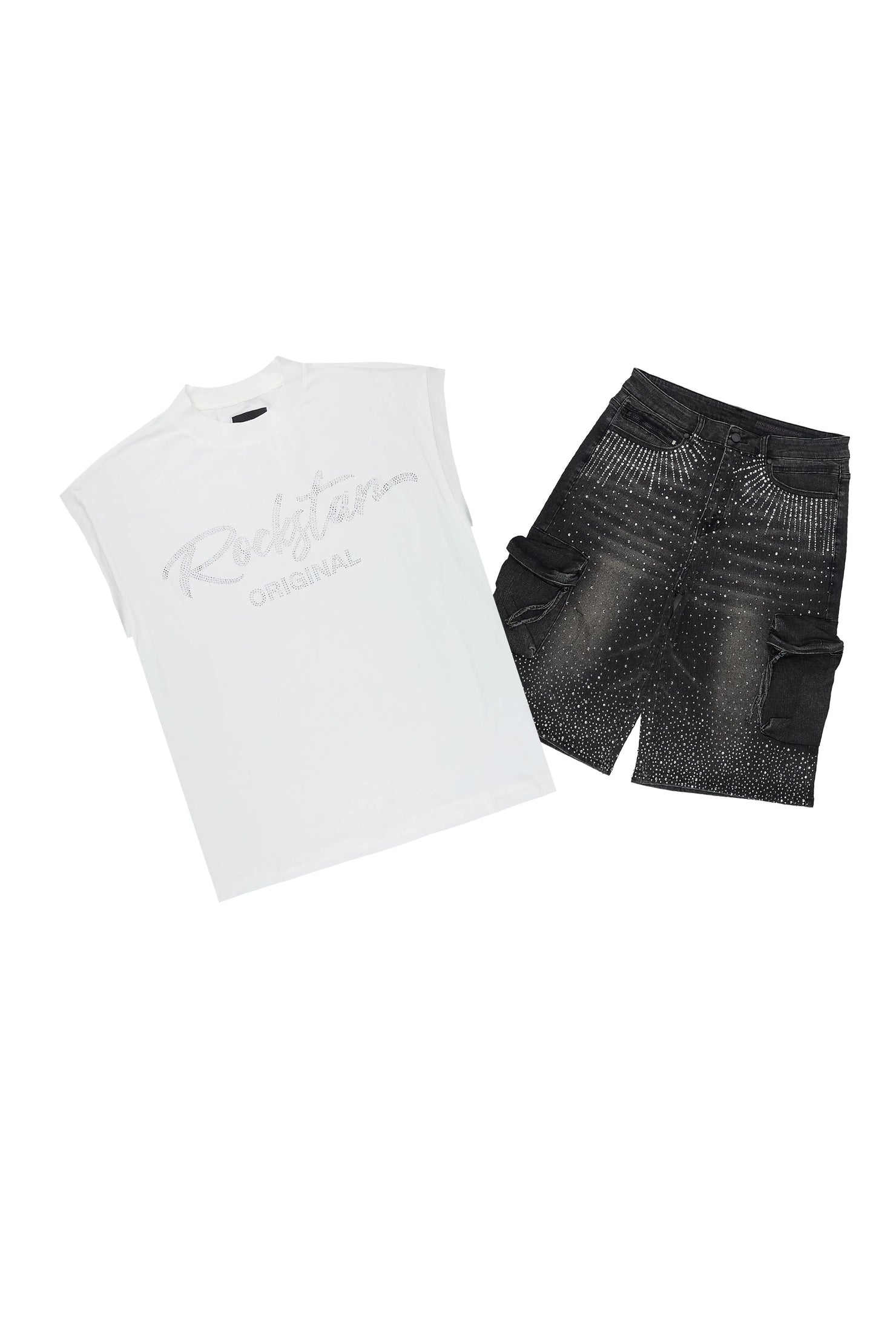 Keoni White Rhinestone Cut Sleeve T-Shirt Denim Short Set