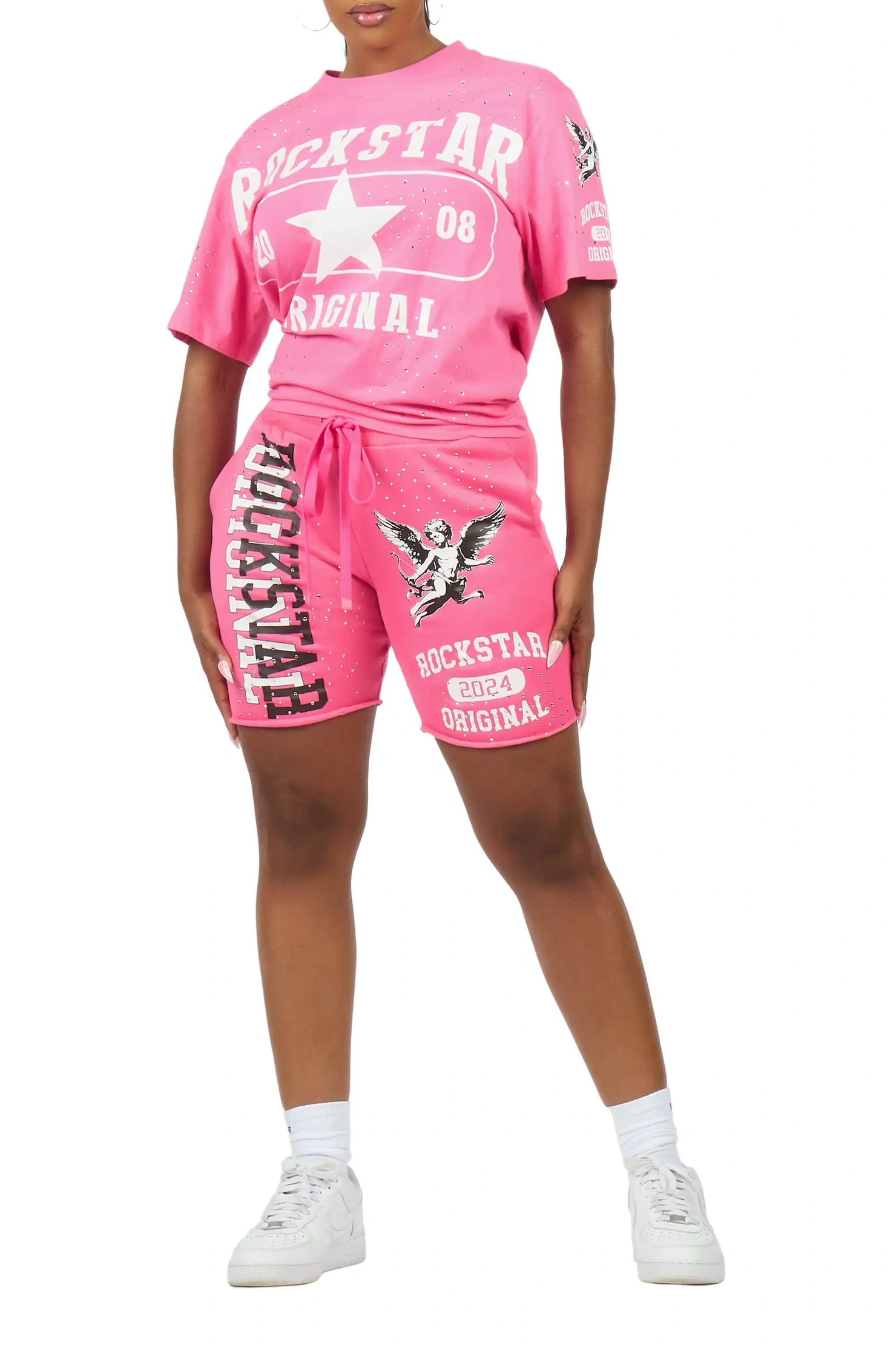 Kyesha Hot Pink Rhinestone T-Shirt Short Set