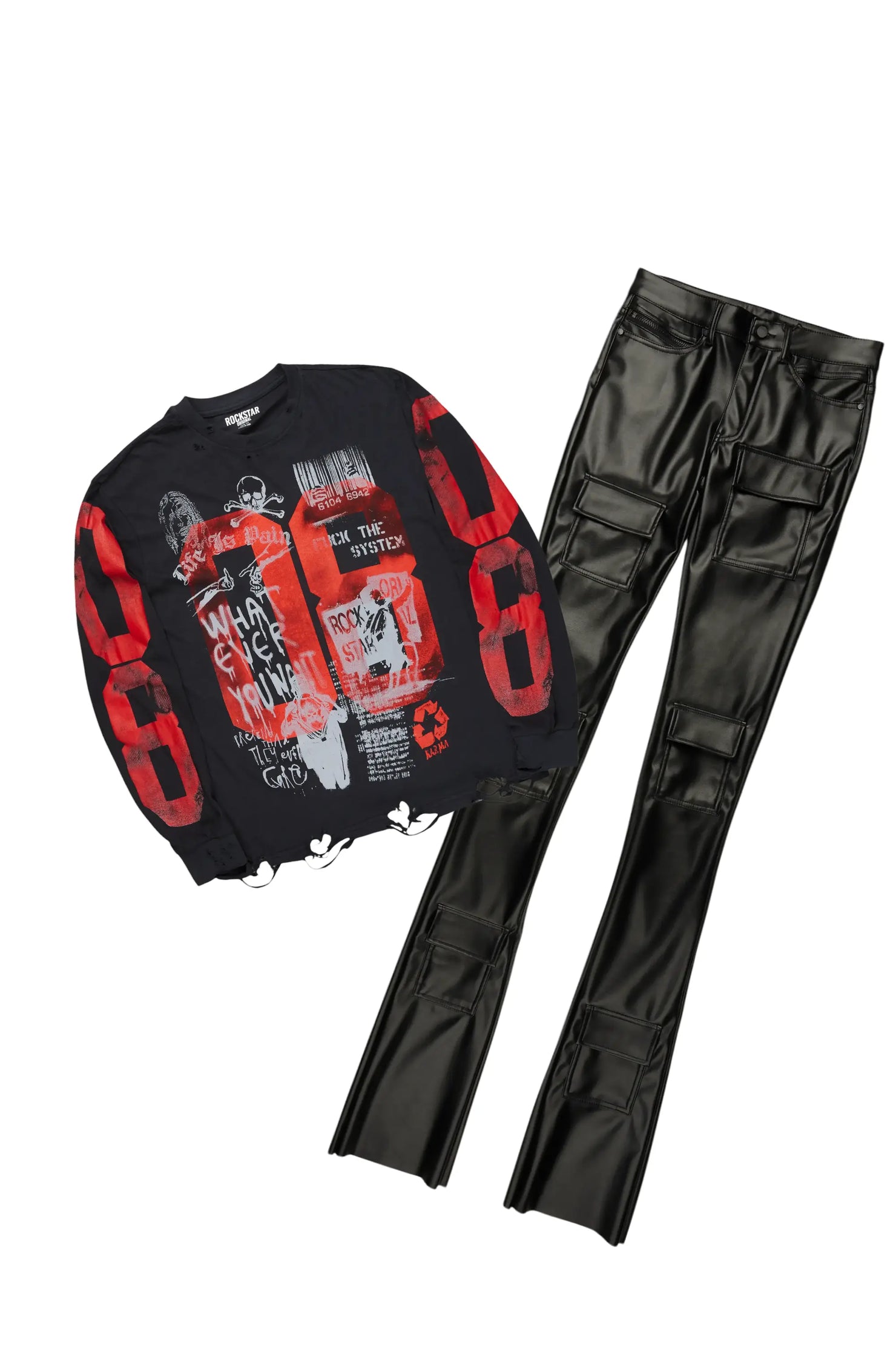 Grill Black Long Sleeve T-Shirt & Petrus Stacked Flare PU Jean Bundle