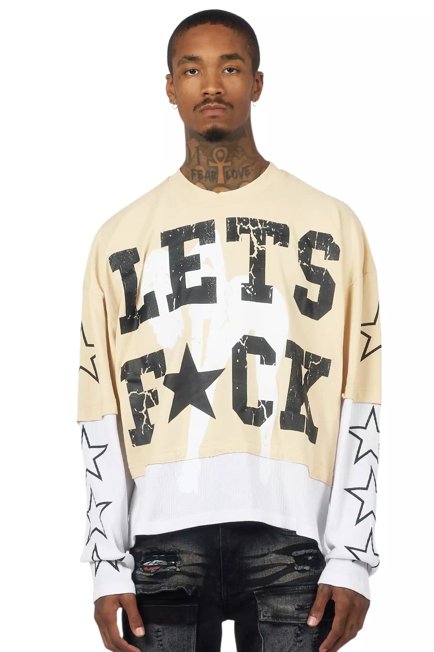 Pacino Beige/Black Boxy Crop Double Layer Tee