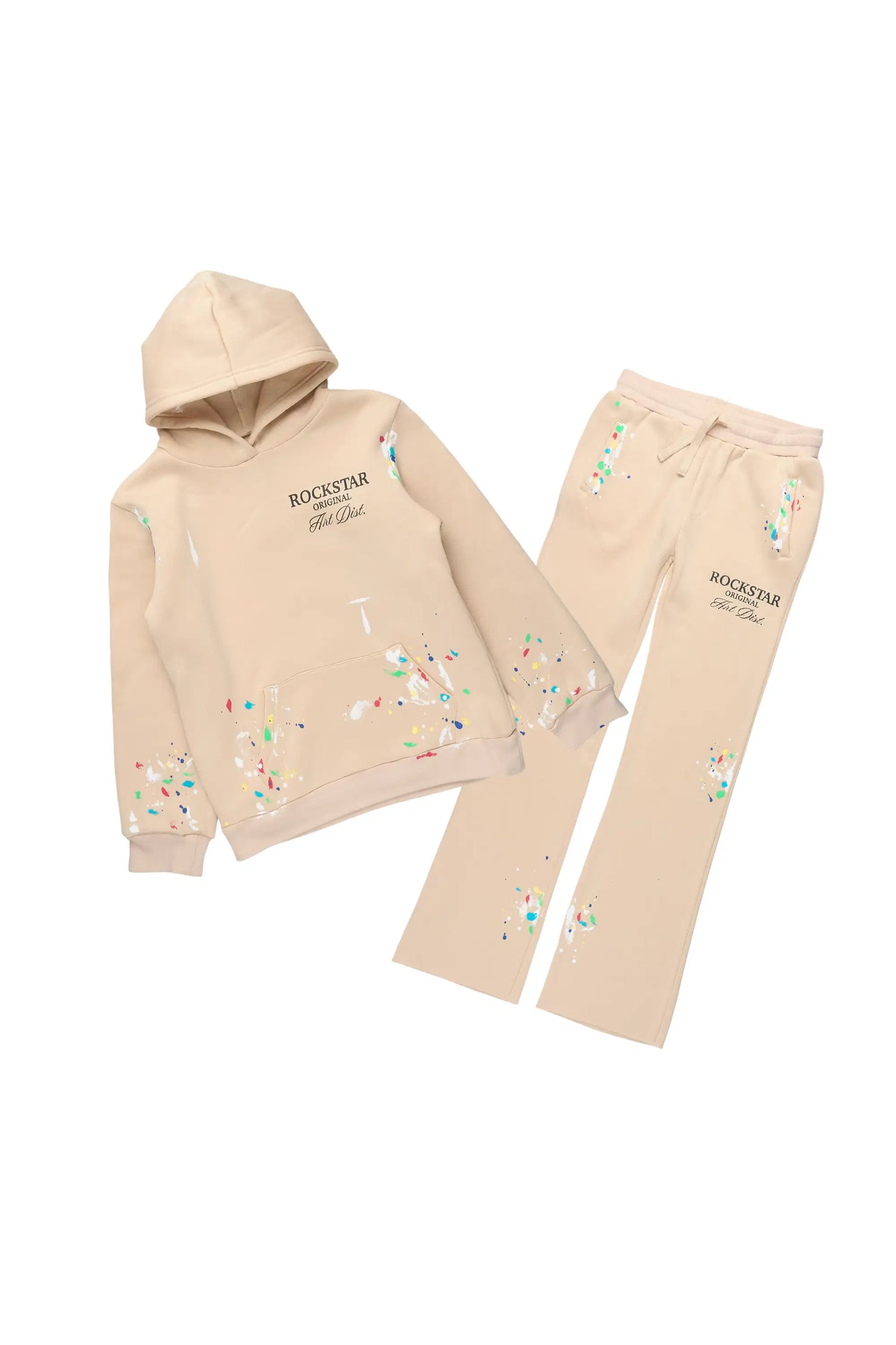 Boys Rockstar Art Dist. 2.0 Beige Hoodie/Stacked Flare Track Set