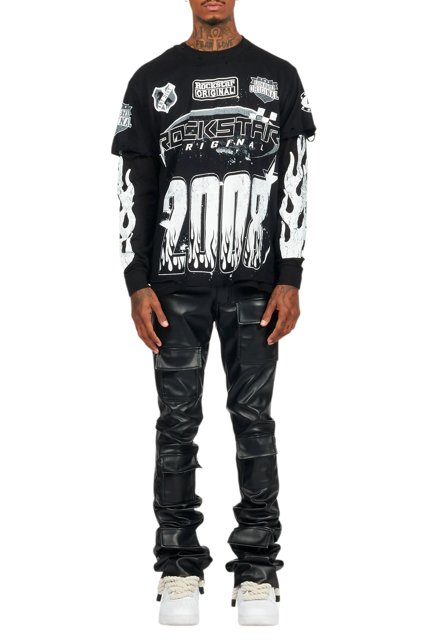 Petrus Black PU Stacked Flare Leather Jean