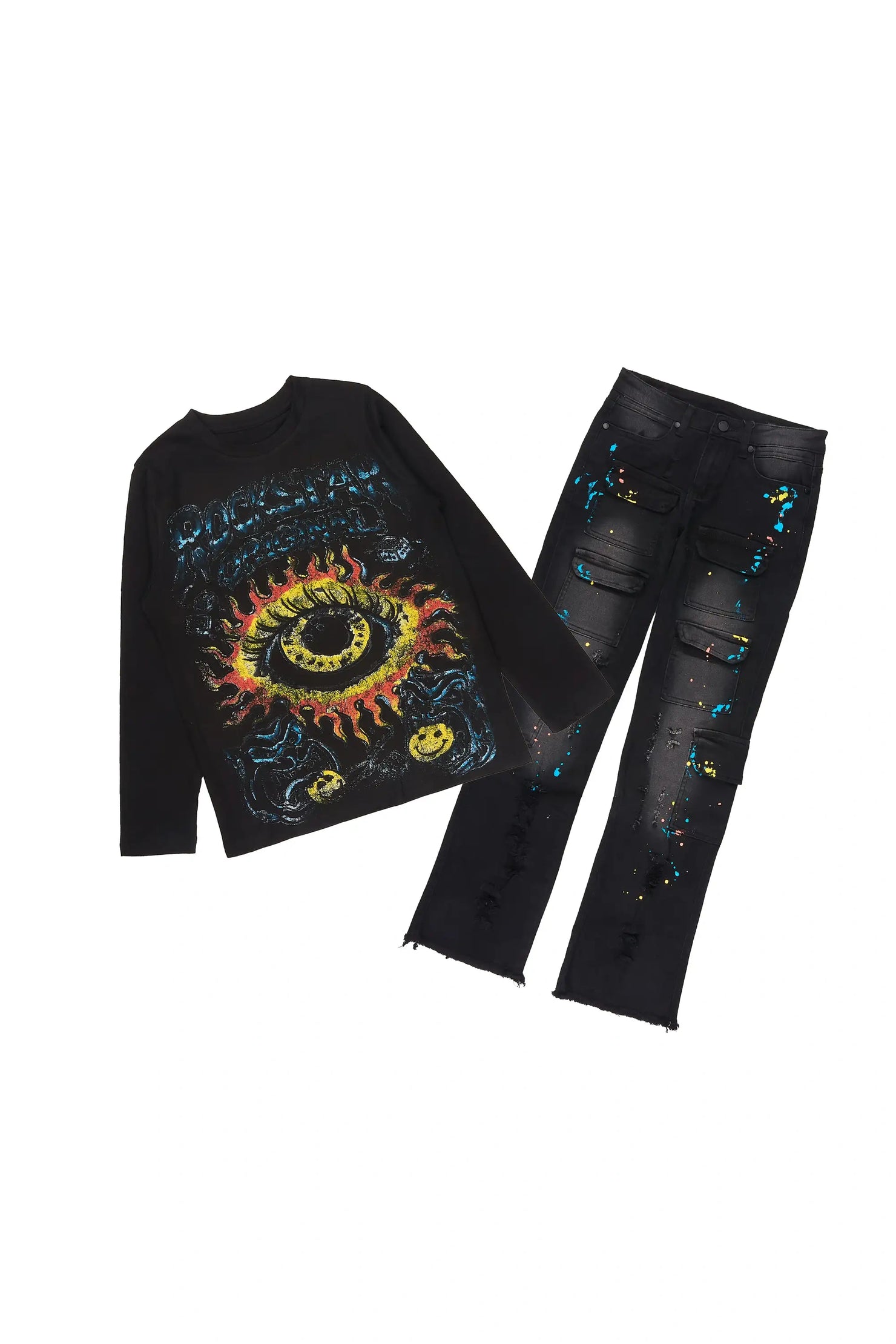 Boys Storm Black Long Sleeve T-shirt Stacked Jean Set
