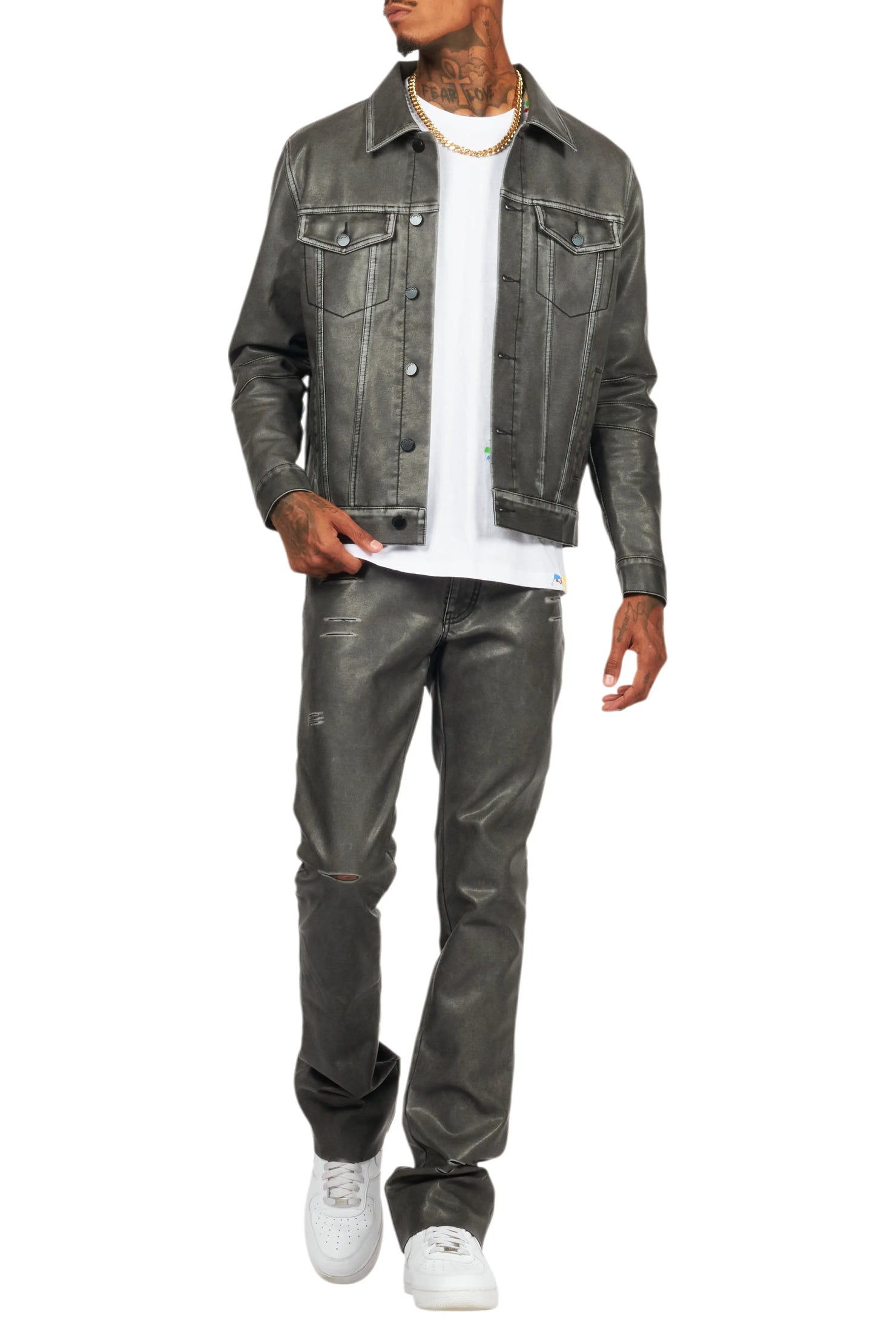 Deco Black Distressed PU Stacked Flare Jean