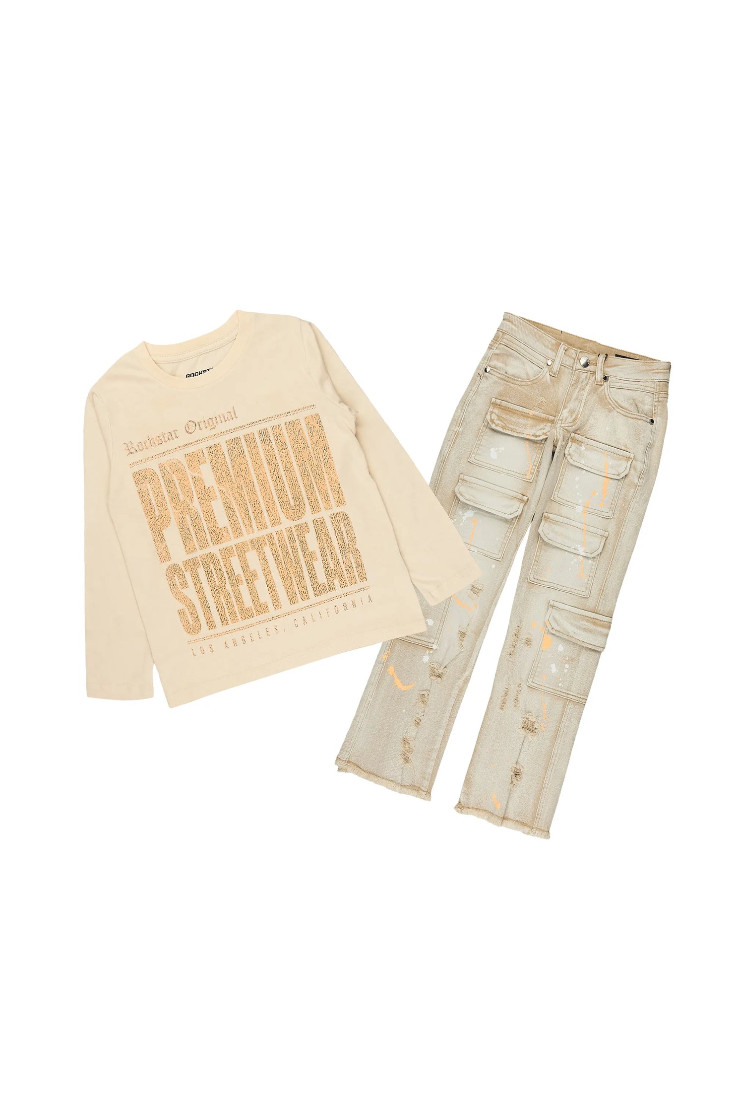 Girls Pluty Beige Long Sleeve T-Shirt Stacked Painter Jean Set