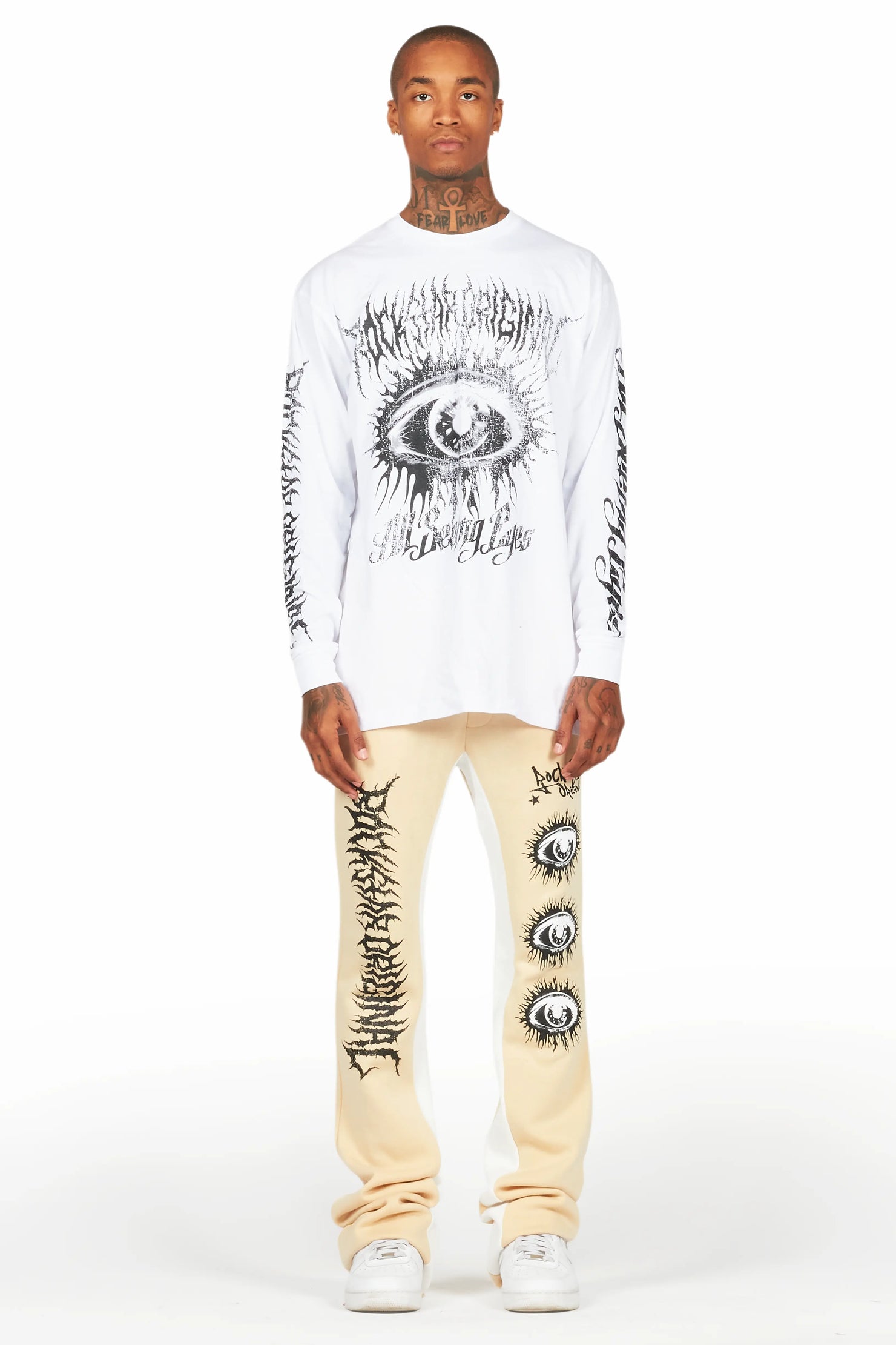 All Seeing Eyes White/Beige Long Sleeve T-Shirt/Baggy Pant Set