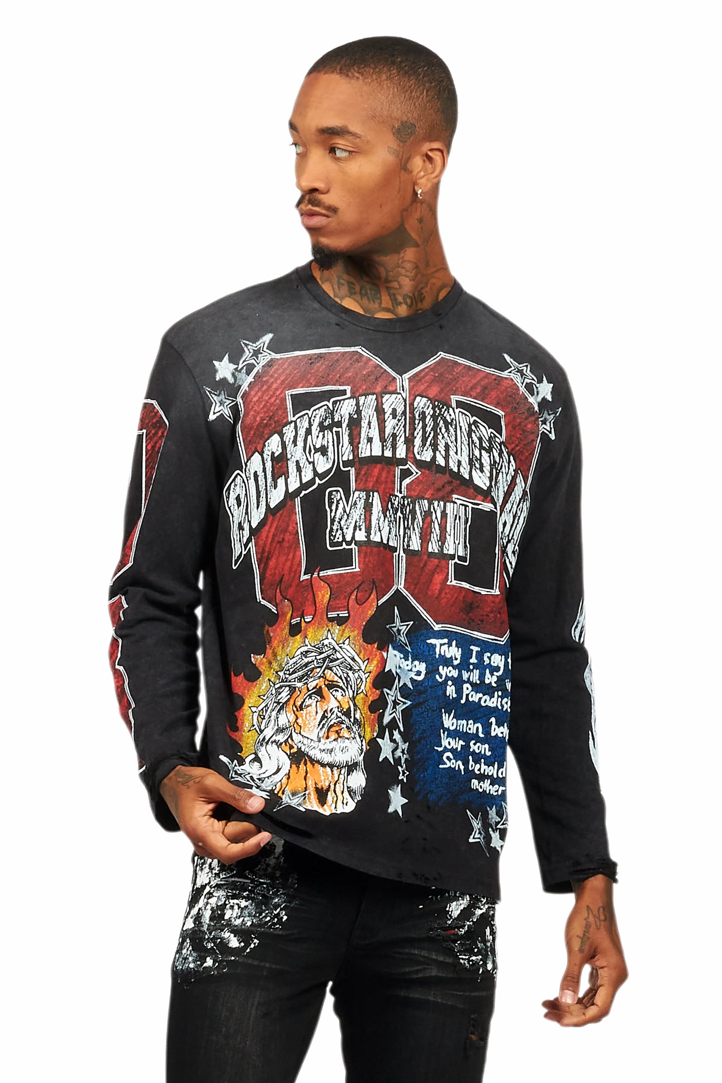 Jesus Crayon Vintage Black Long Sleeve Graphic T-Shirt