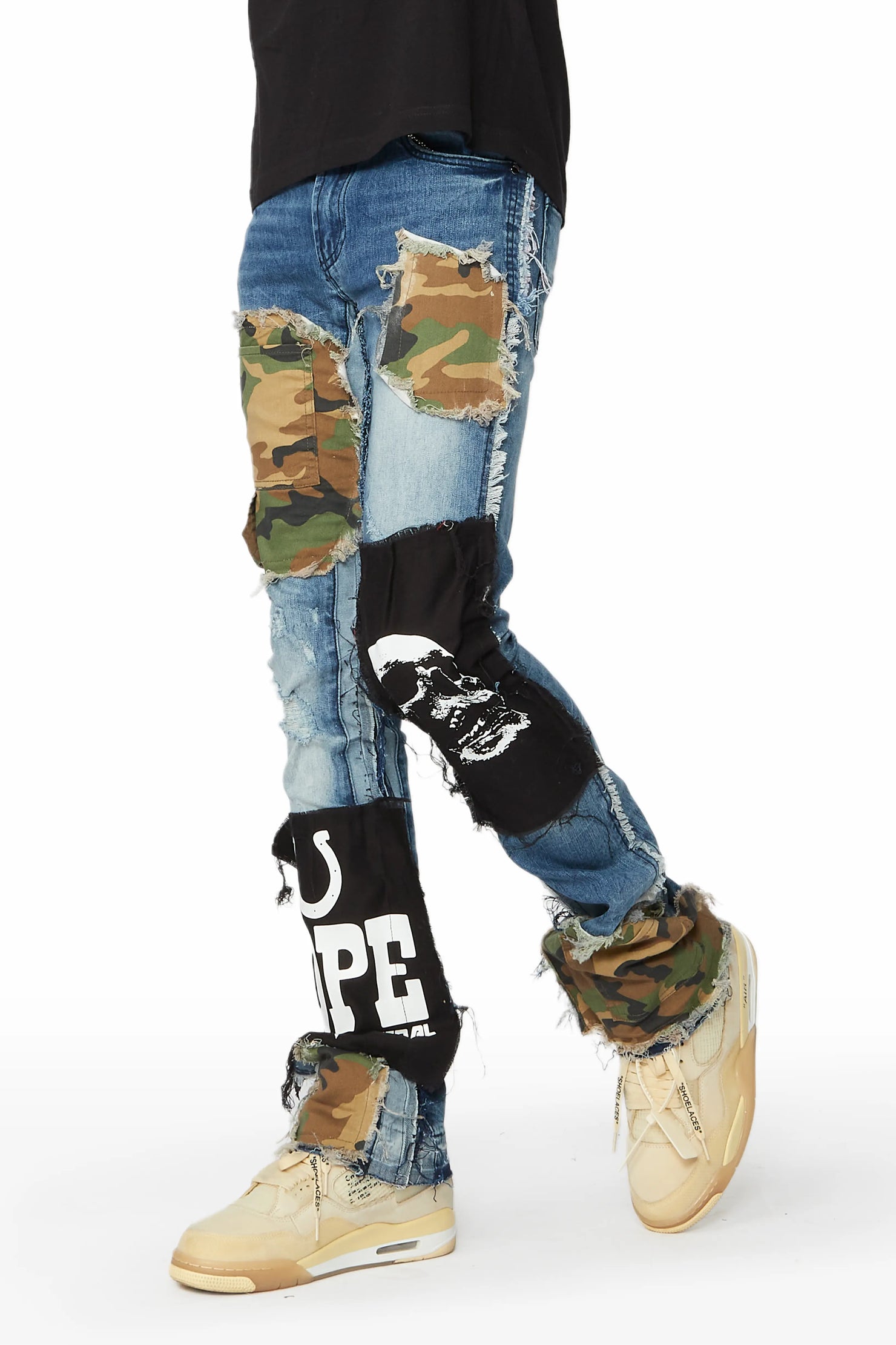 Hugo Blue/Camo Stacked Patchwork Flare Jean