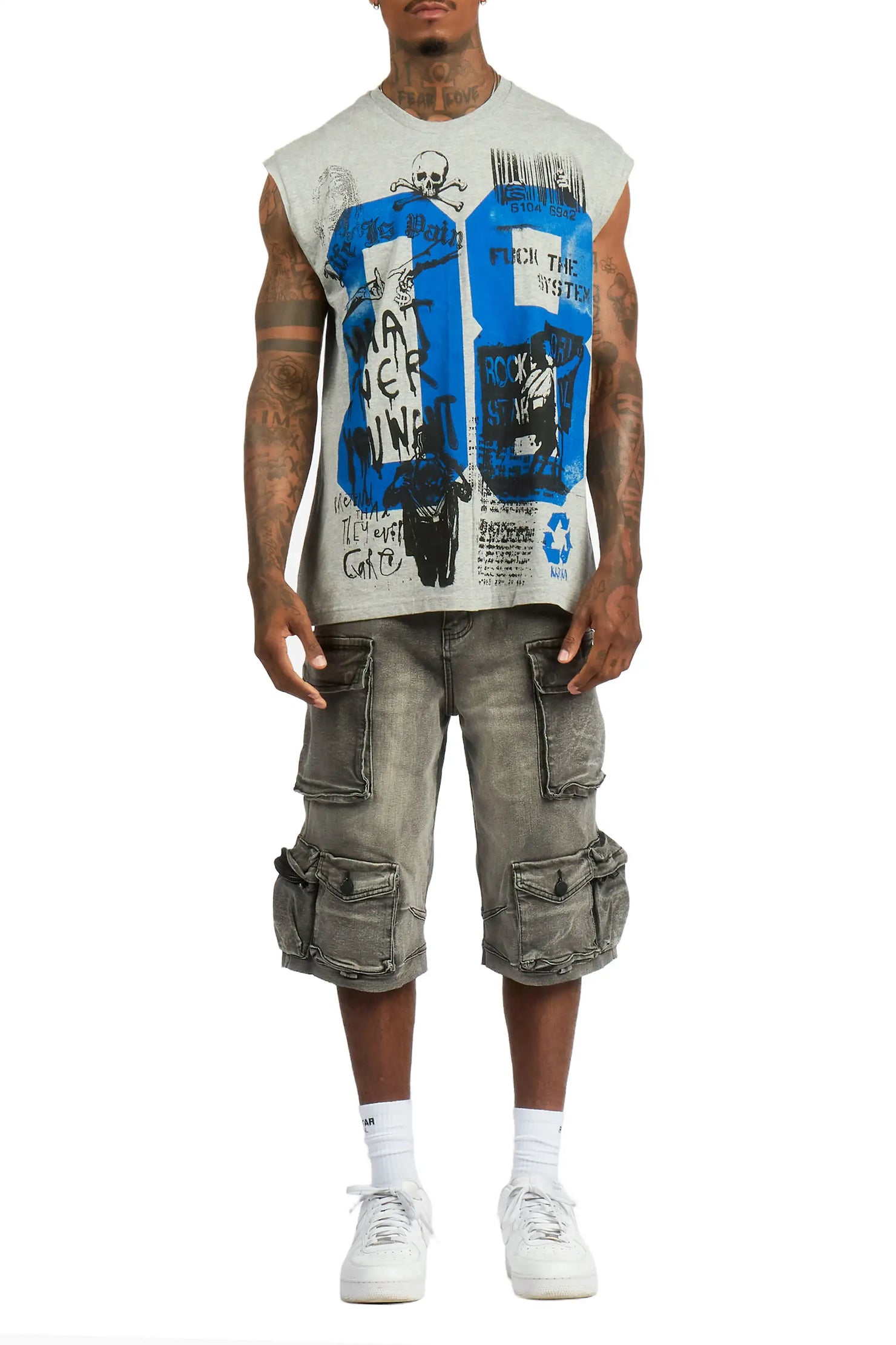 Grill 3.0 Heather Grey/Grey Oversized Graphic T-Shirt & Mahesh Baggy Cargo Jean Short