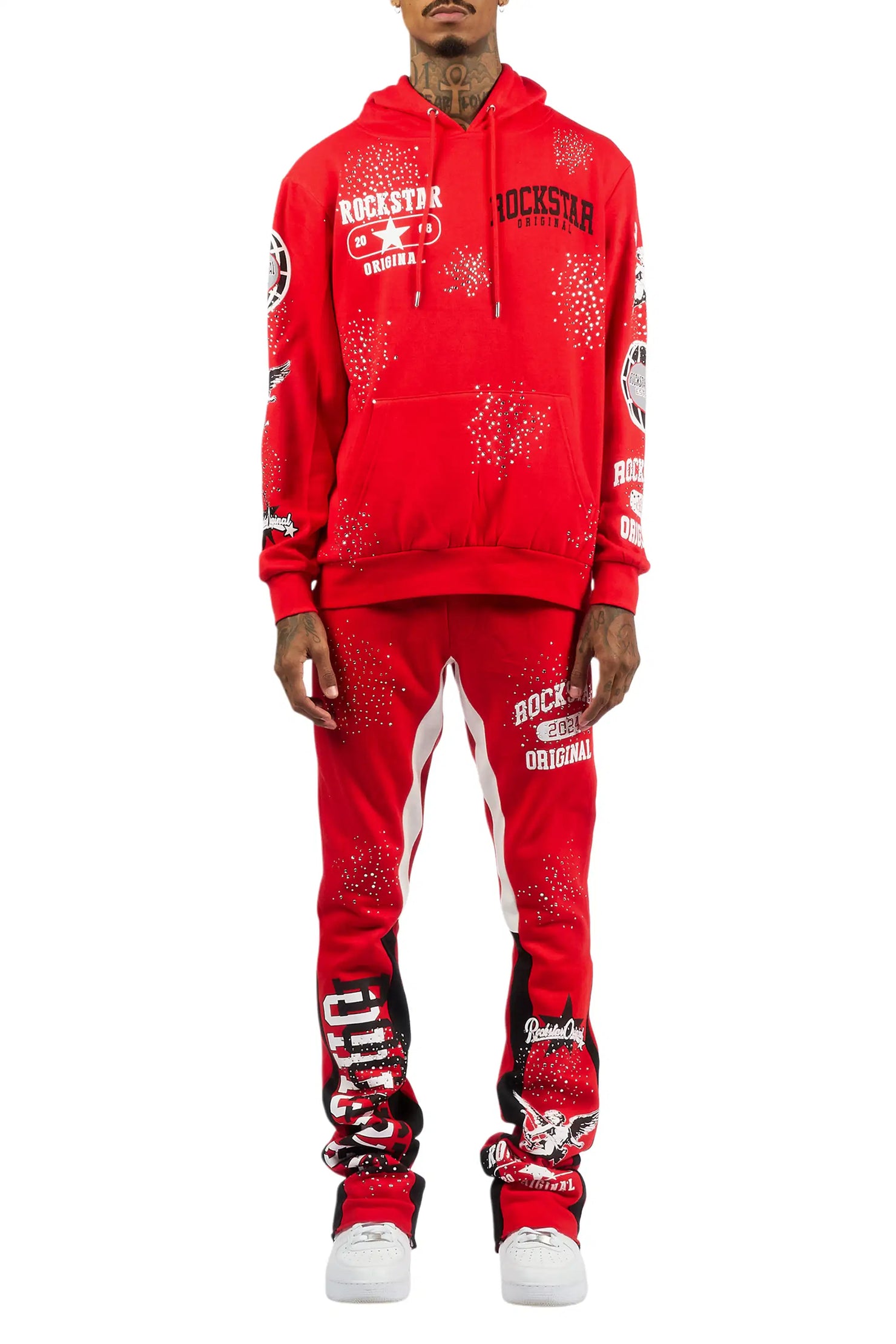 Gutta 2.0 Red Rhinestone Hoodie/Stacked Flare Track Set