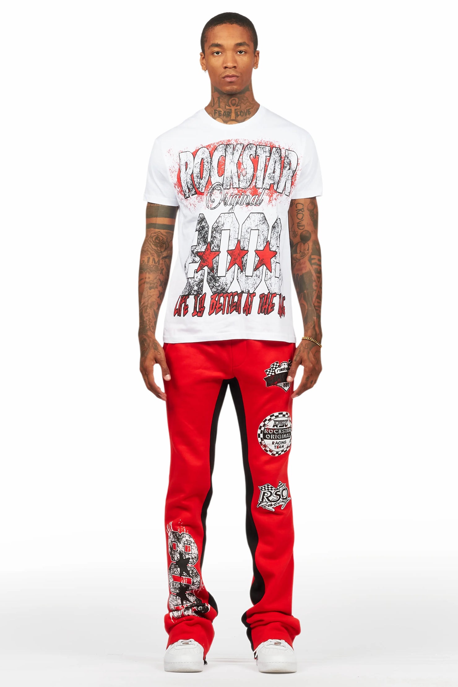 Racing Grung White/Red T-Shirt/Stacked Baggy Track Pant Set