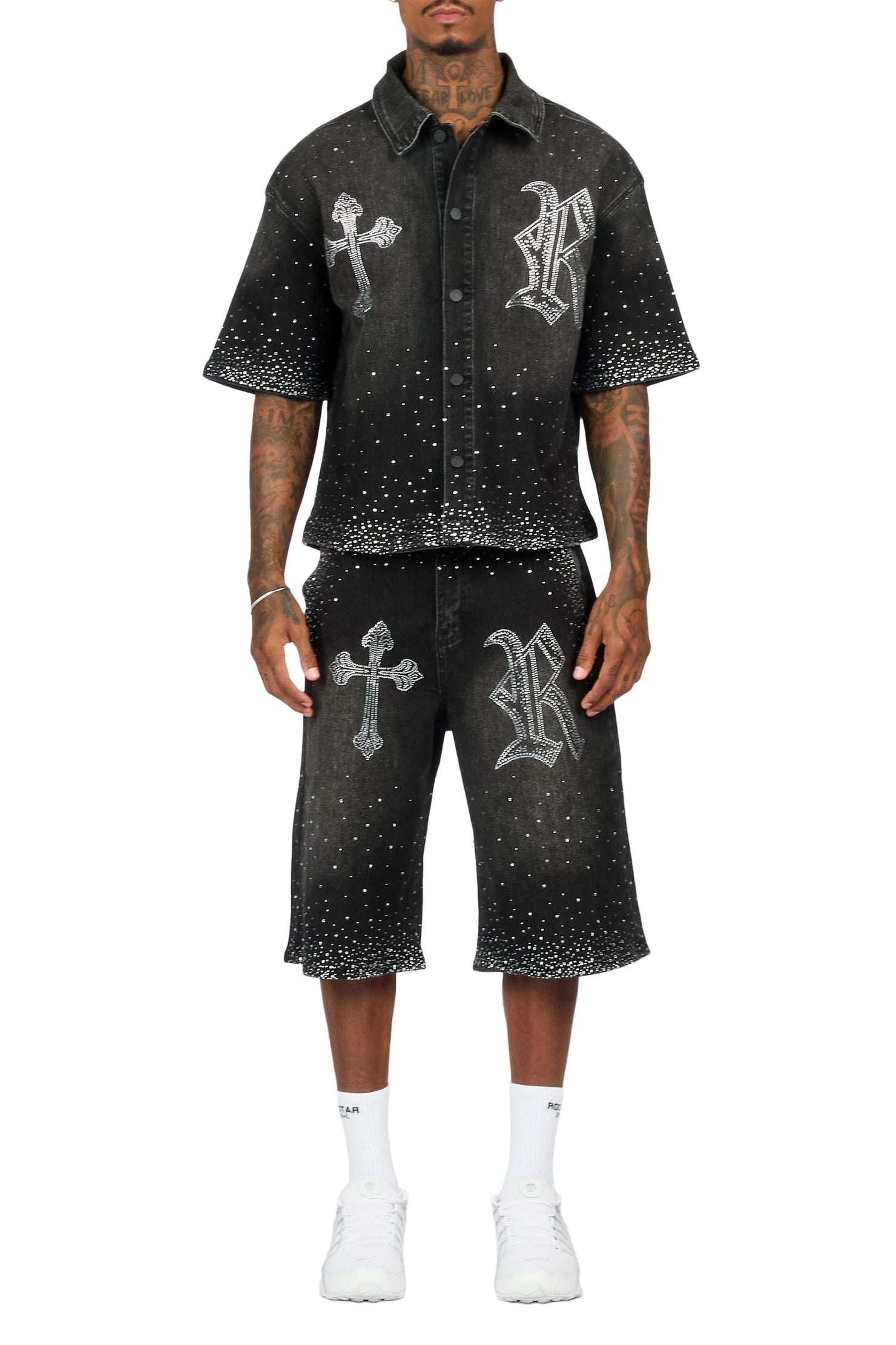 Clemente Black Rhinestone Button Down Shirt Jort Set