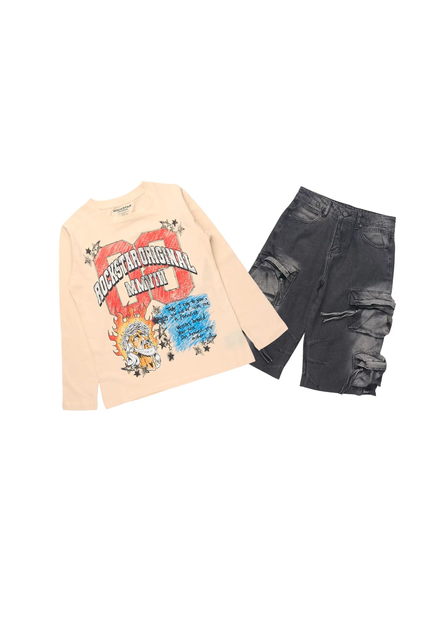 Boys Jesus Crayon Sand/Black Long Sleeve T-Shirt/Denim Jort Set