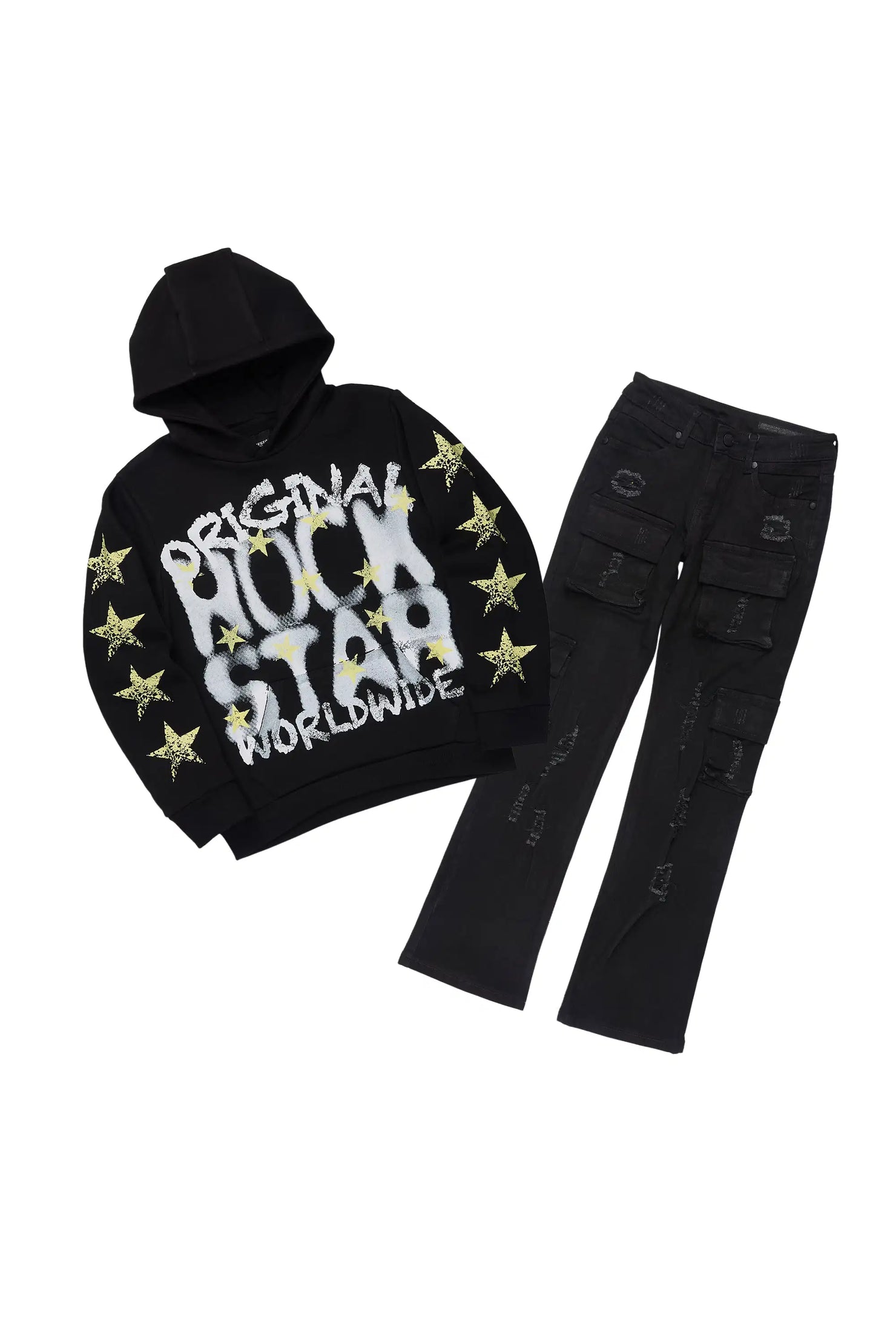Boys Xaerys Black Hoodie/Stacked Jean Set