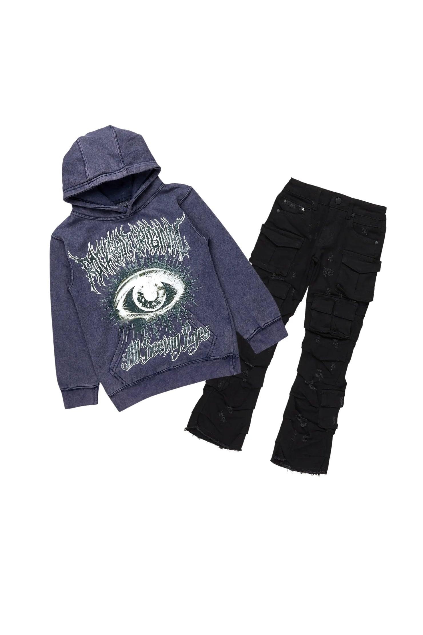 Boys All Eyes Vintage Navy/Black Hoodie/Stacked Flare Jean Set