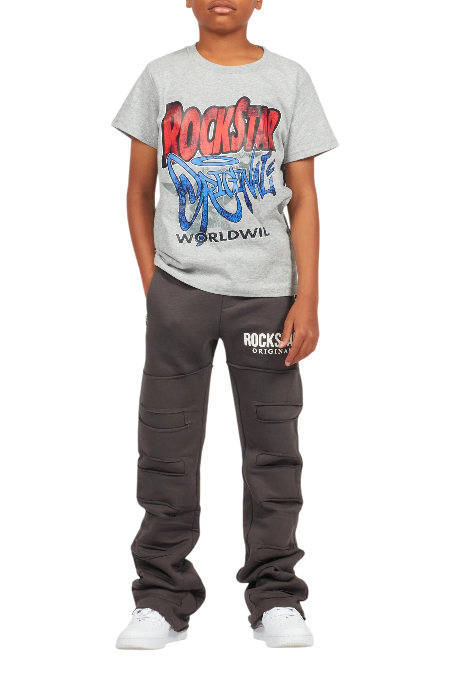 Boys Emilio Vintage Grey Stacked Flare Track Pant