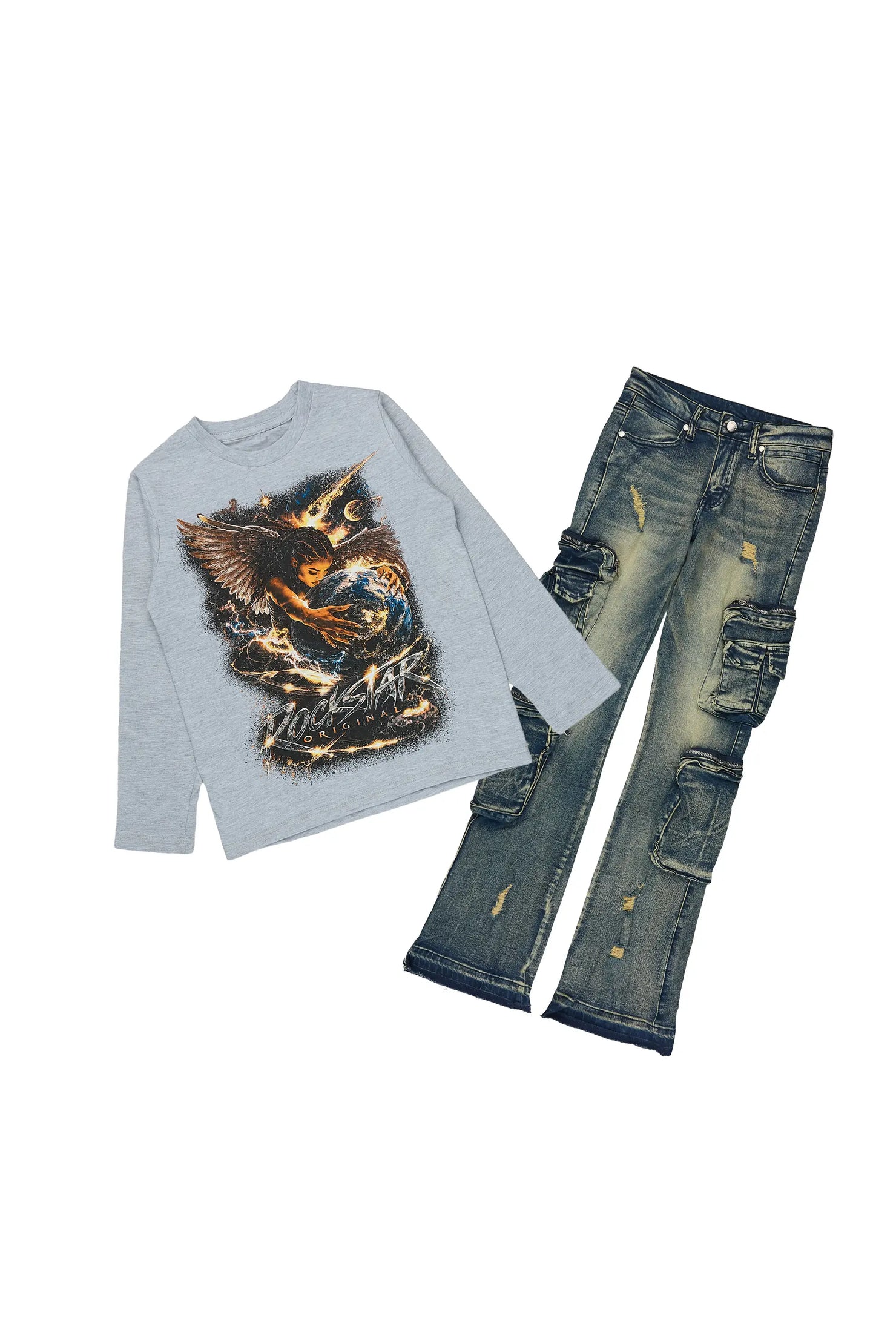 Girls Kearnly Grey/Tint Long Sleeve T-Shirt Stacked Jean Set