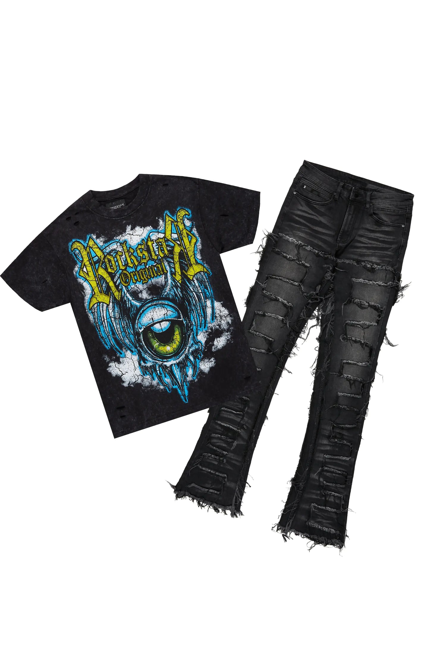 Fenton Vintage Black T-Shirt/Stacked Flare Jean Bundle