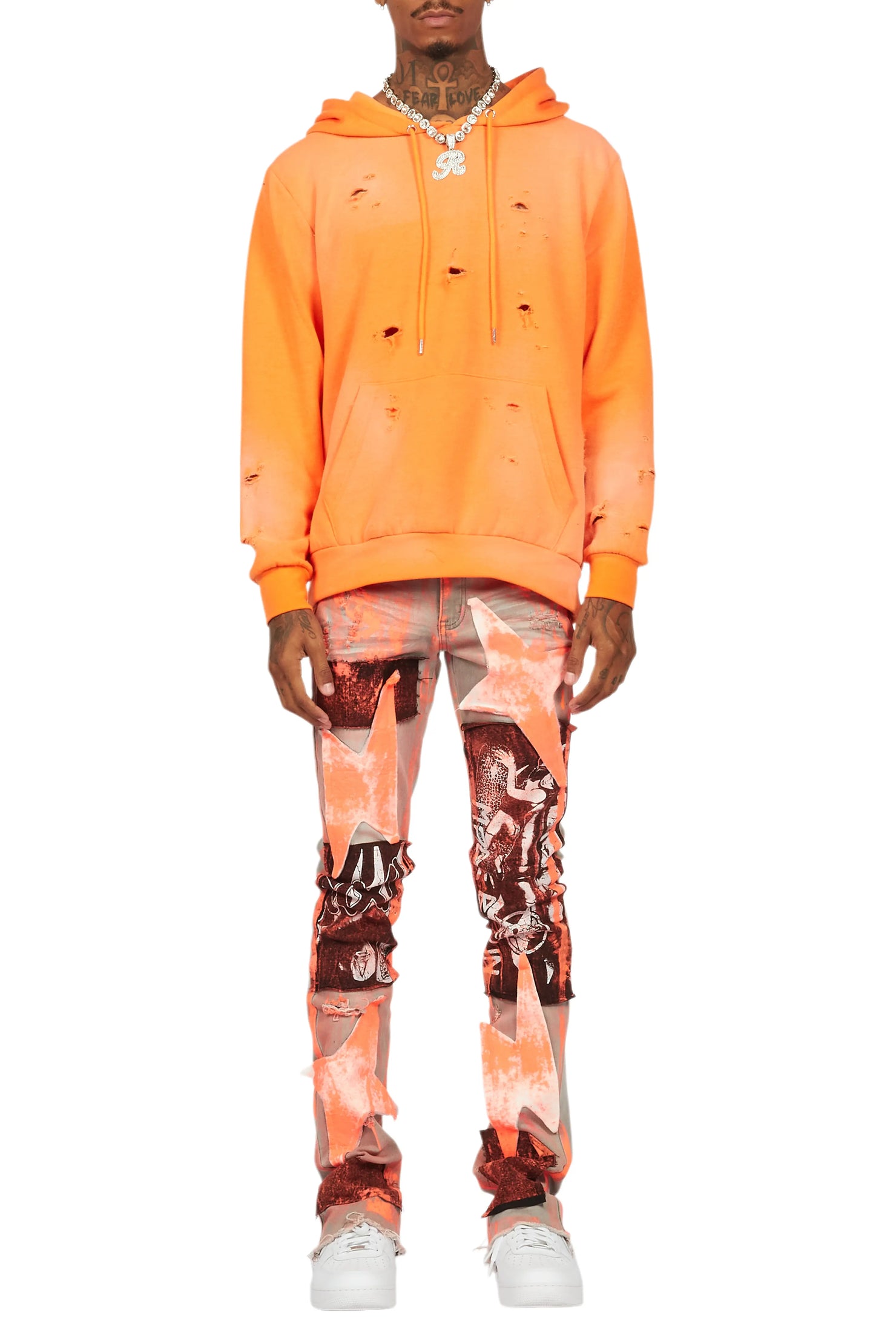 Valko Grey/Orange Roller Paint Stacked Flare Jean