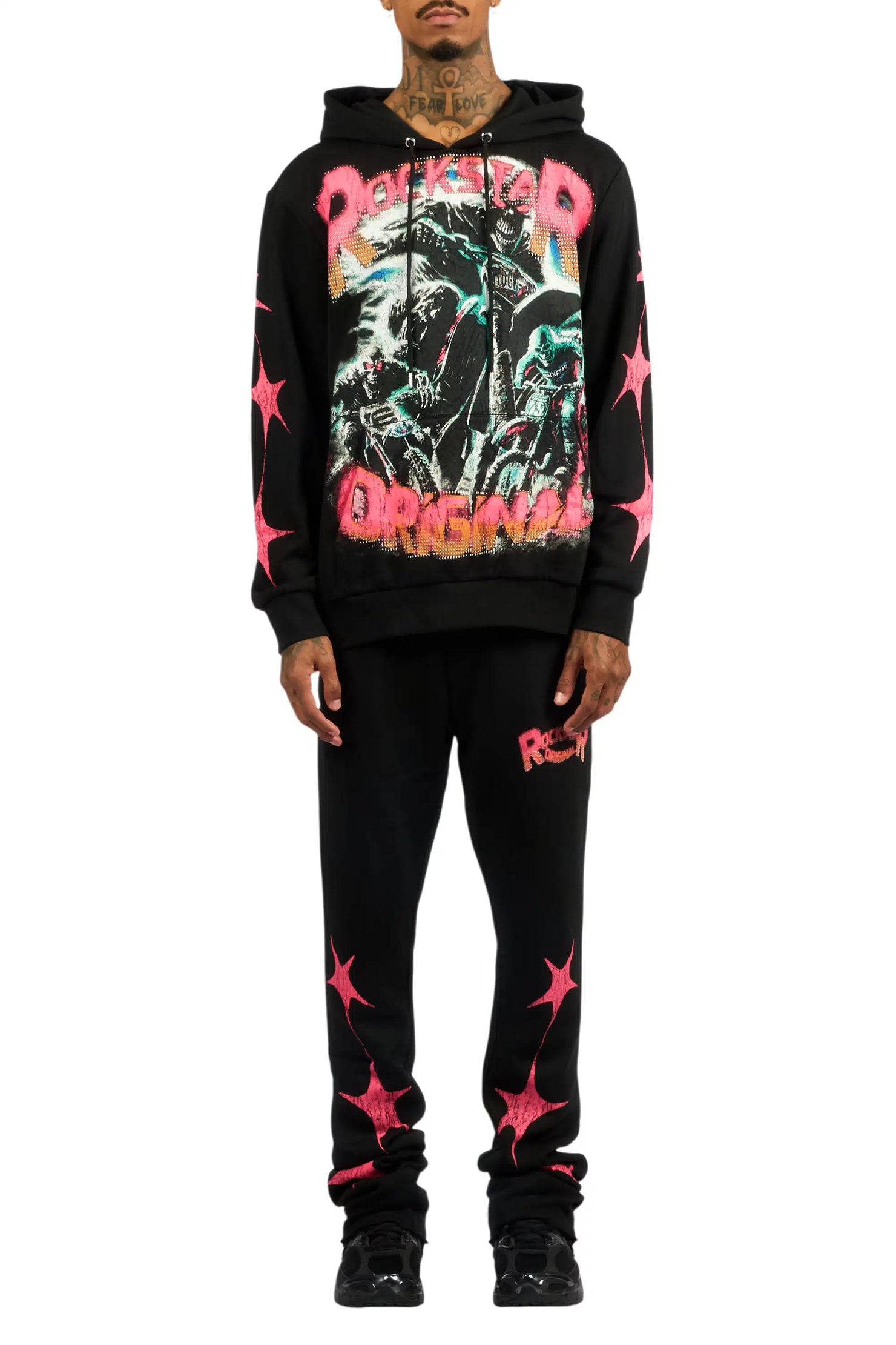 Trezno Black Hoodie/Stacked Pant Track Set